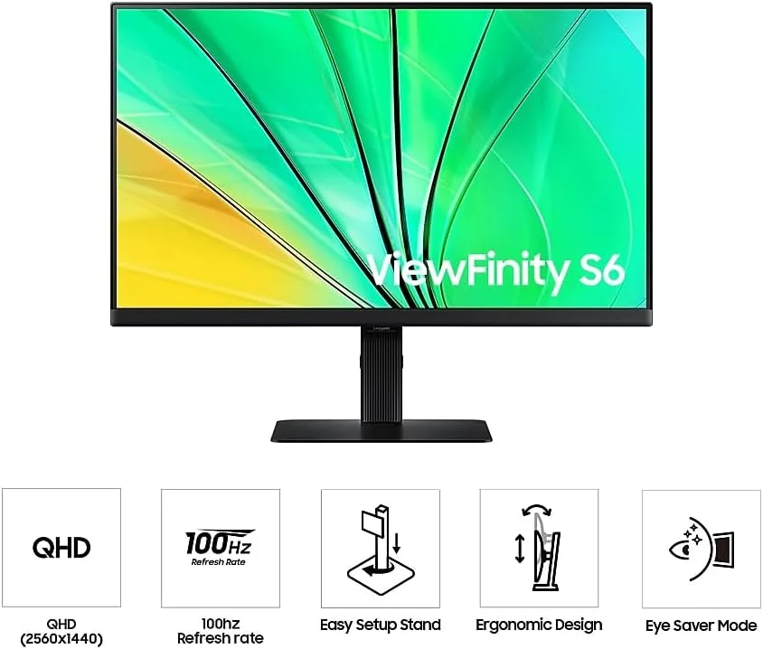 مانیتور 24 اینچی سامسونگ S60D QHD ViewFinity - رزولوشن بالا، LS24D606EAMXUE، صفحه نمایش 24 اینچی، وضوح QHD، طراحی شیک - شامل ماوس بی سیم + پد ماوس