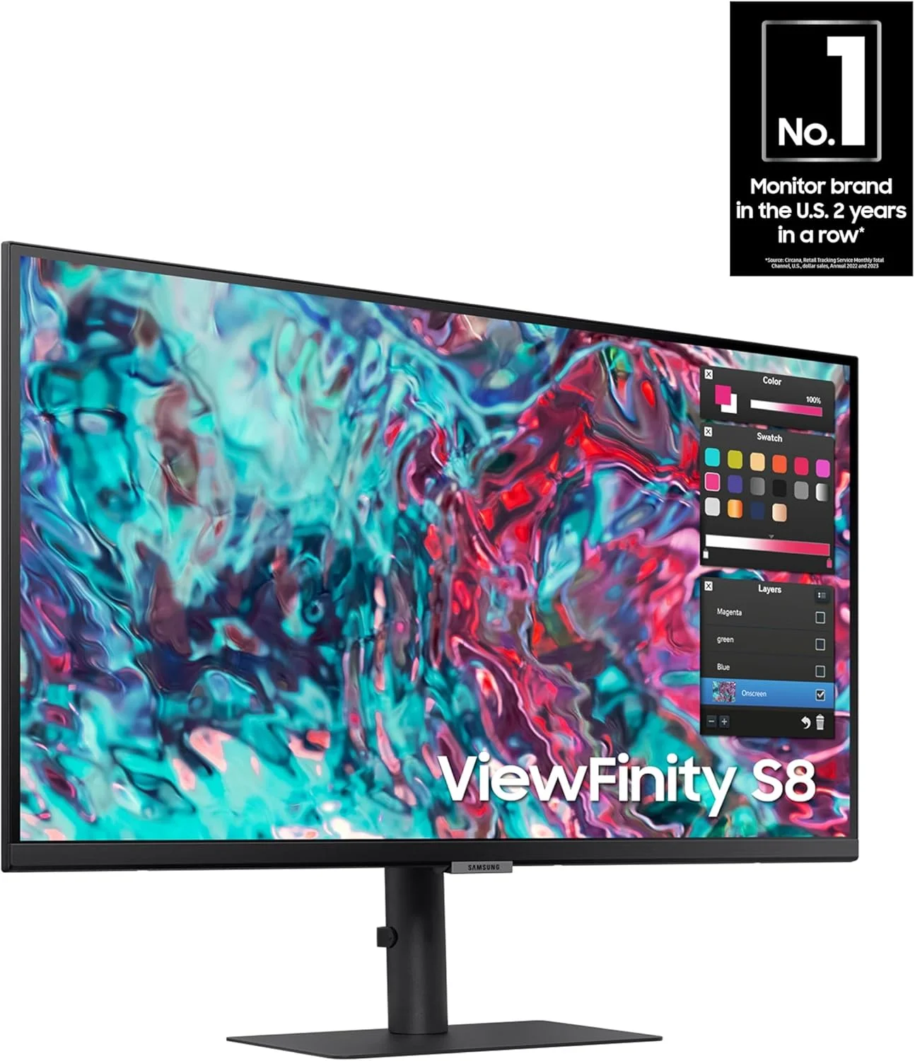 مانیتور 27 اینچی سامسونگ ViewFinity S8 سری 4K UHD با رزولوشن بالا، پنل IPS، 60 هرتز، Thunderbolt 4، HDR 10+، بلندگوهای داخلی، پایه قابل تنظیم ارتفاع، S27B804TGN، 2022