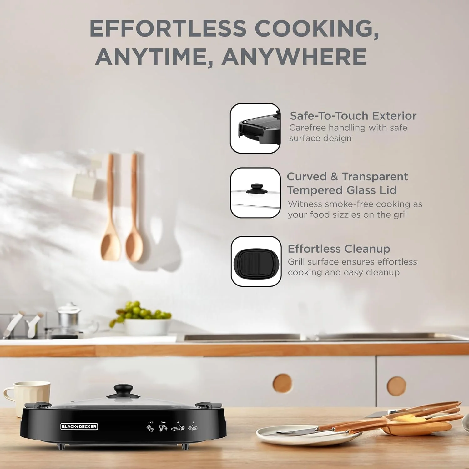 گریل برقی بهداشتی بلک اند دکر، 1500 وات، صفحه گریل نچسب سایز خانواده با درب شیشه ای، کنترل دمای 5 سطح، دستگیره های لمسی خنک، تخلیه چربی کارآمد، قابل شستشو در ماشین ظرفشویی، مشکی - GH1500-B5