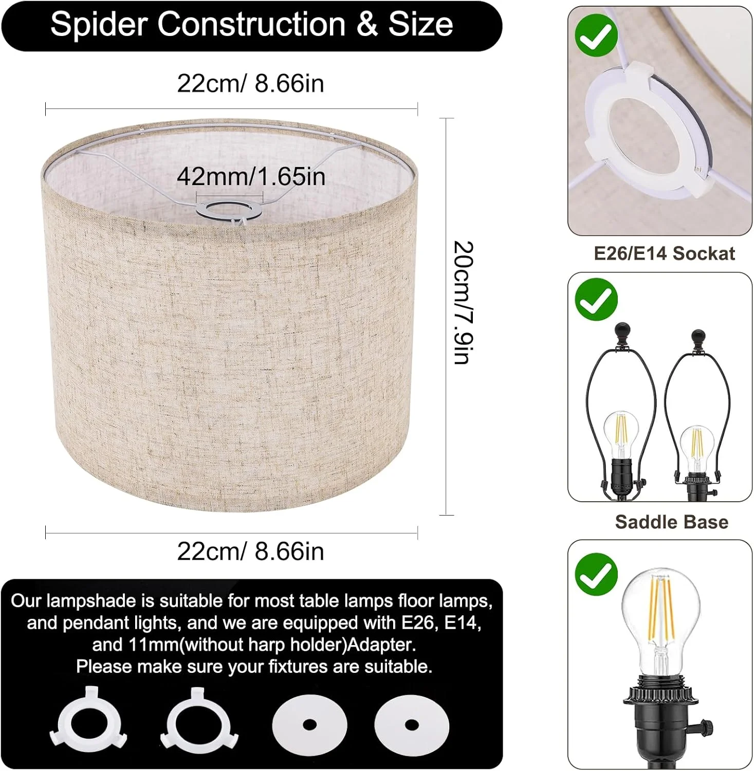 کلاهک چراغ رومیزی کوچک، کلاهک استوانه ای بژ، 22.1 سانتی متر بالا در 22.1 سانتی متر پایین در 20 سانتی متر ارتفاع، کلاهک جایگزین چراغ، پارچه کتانی طبیعی دست ساز برای چراغ های رومیزی، چراغ های ایستاده، لوستر، مونتاژ آسان مورد نیاز است