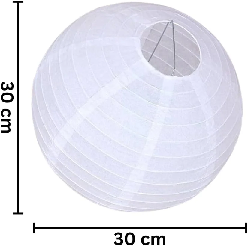 آباژور کاغذی گرد KAMAD | فانوس های کاغذی سفید | آباژور کاغذی گرد سقفی طرح بامبو ژاپنی | آباژورهای بامبو سنتی برای دکوراسیون دایره ای بزرگ راه راه سفید - 30 سانتی متر