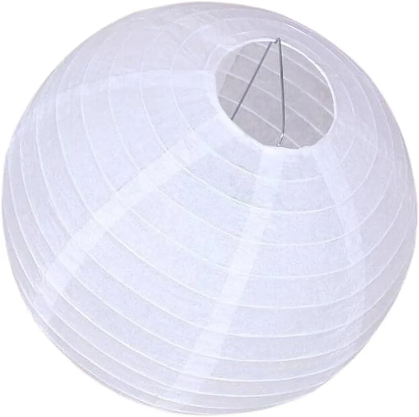 آباژور کاغذی گرد KAMAD | فانوس های کاغذی سفید | آباژور کاغذی گرد سقفی طرح بامبو ژاپنی | آباژورهای بامبو سنتی برای دکوراسیون دایره ای بزرگ راه راه سفید - 30 سانتی متر