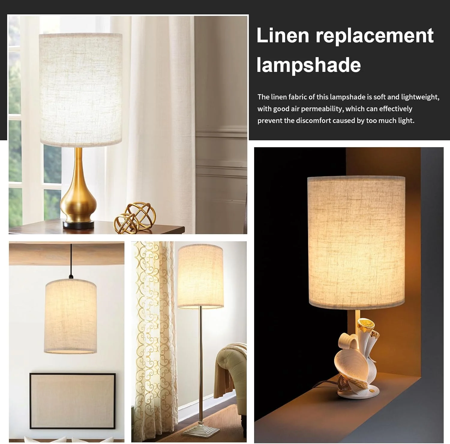 آباژور استوانه ای بلند کتان بژ، 25 سانتی متر بالا در 25 سانتی متر پایین در 33 سانتی متر ارتفاع، جایگزین آباژور برای چراغ های رومیزی و ایستاده، چراغ آویز، آباژور دست ساز، نصب آسان