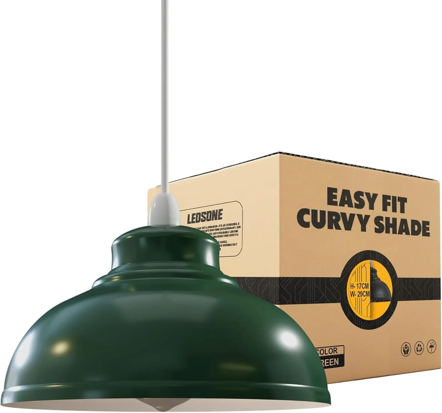 کلاهک چراغ آویز LEDSone مدل مدرن صنعتی، نصب آسان، رنگ سبز، طرح منحنی، فلزی، مناسب چراغ دیواری، چراغ رومیزی و آویز سقفی، به همراه حلقه تبدیل رایگان پایه E27/B22، مناسب برای کافه ها، رستوران ها و بارها