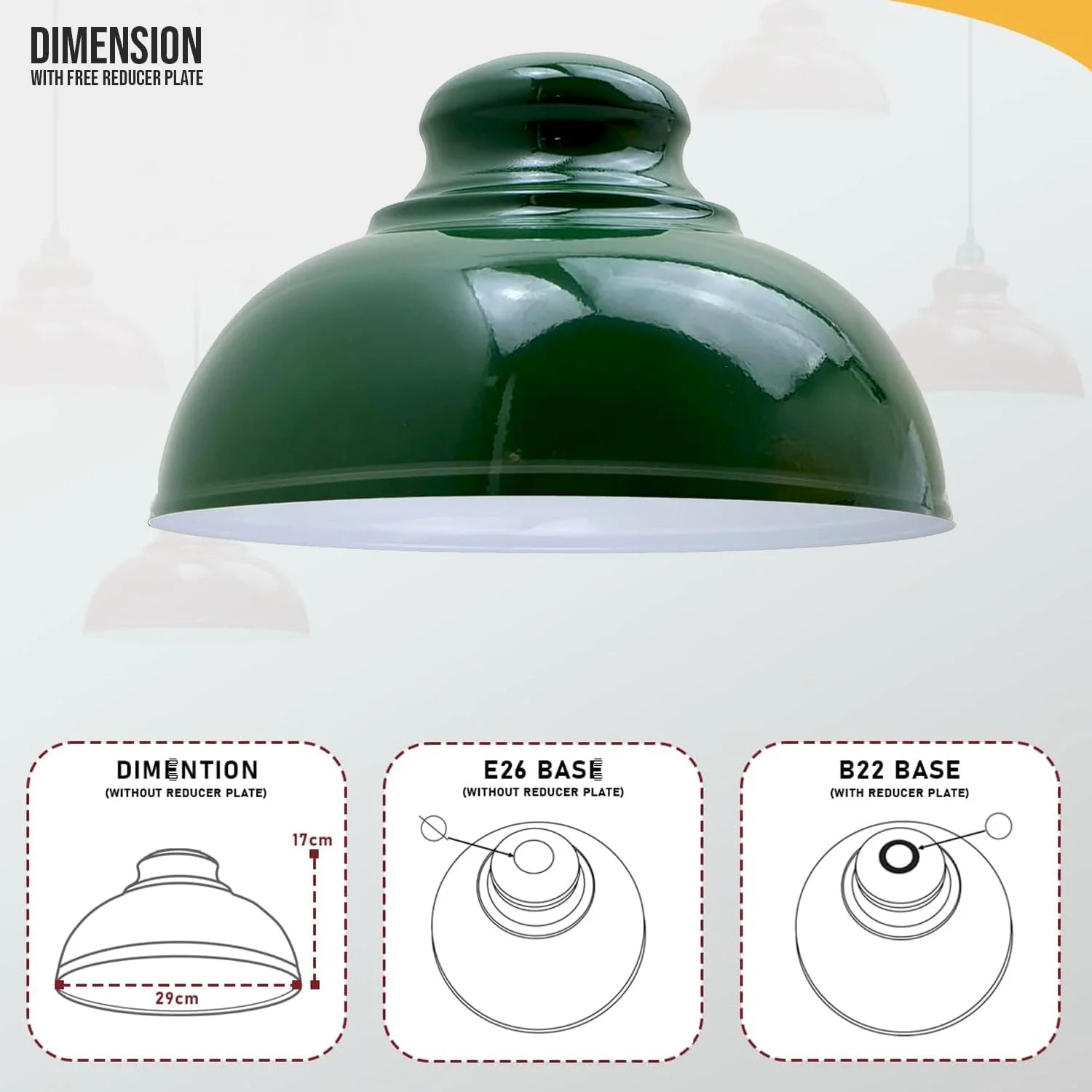 کلاهک چراغ آویز LEDSone مدل مدرن صنعتی، نصب آسان، رنگ سبز، طرح منحنی، فلزی، مناسب چراغ دیواری، چراغ رومیزی و آویز سقفی، به همراه حلقه تبدیل رایگان پایه E27/B22، مناسب برای کافه ها، رستوران ها و بارها