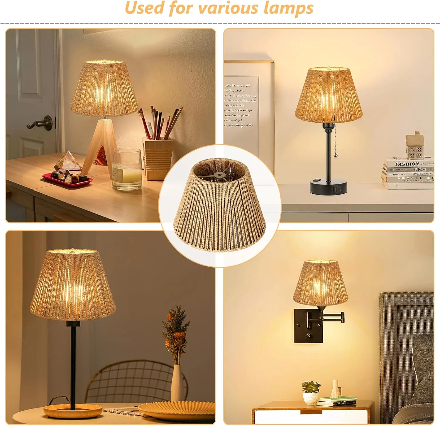 آباژور حصیری کوچک، آباژور زنگوله‌ای بوهو برای چراغ‌های رومیزی، جایگزین آباژور بافته شده حصیری برای چراغ ایستاده، پوشش چراغ دیوارکوب، اتصالات عنکبوتی (قهوه ای، 14x25x18 سانتی متر)