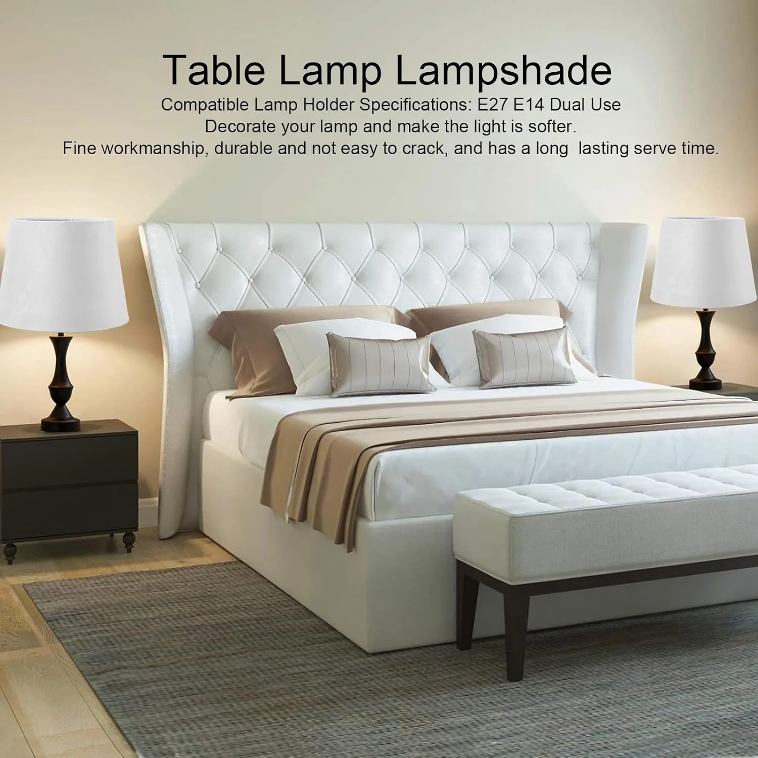 لوستر کوچک Luqeeg، آباژور پارچه ای برای چراغ های رومیزی و ایستاده، با قابلیت استفاده دوگانه E27 E14، آباژور مخروطی دست ساز، کاربرد گسترده با دامنه مناسب برای اکثر مبلمان (سفید)