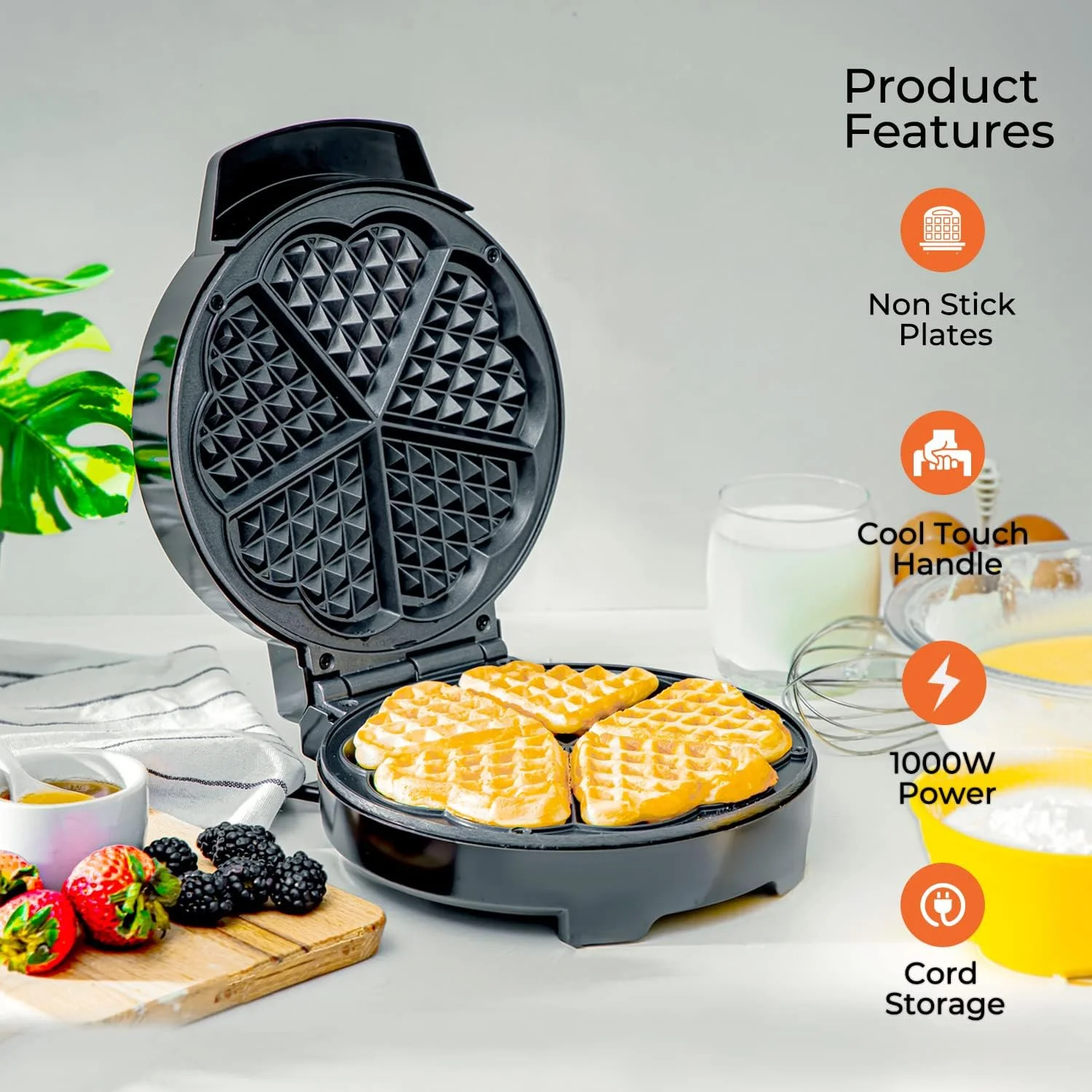 دستگاه وافل ساز Geepas - 5 تکه قلبی شکل نچسب برقی بلژیکی با کنترل دمای قابل تنظیم، دستگاه آمریکایی، آهن - 1000 وات، نقره ای و مشکی دستگاه وافل ساز Geepas - 5 تکه قلبی شکل نچسب برقی بلژیکی با کنترل دمای قابل تنظیم، دستگاه آمریکایی، آهن - 1000 وات، نقره ای و مشکی