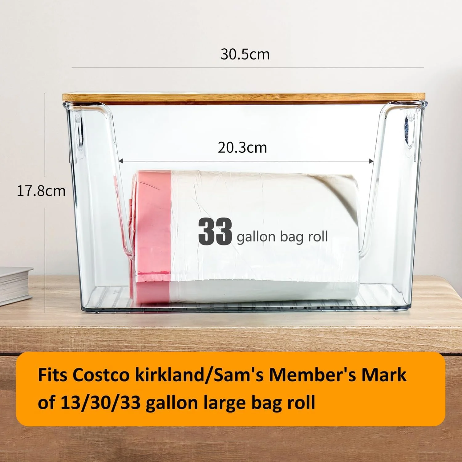 نگهدارنده کیسه زباله Angju، محفظه ذخیره سازی بزرگ اکریلیک کیسه زباله، پخش کننده کیسه زباله پلاستیکی با درب بامبو و دسته برای آشپزخانه زیر سینک/رختشورخانه/حمام