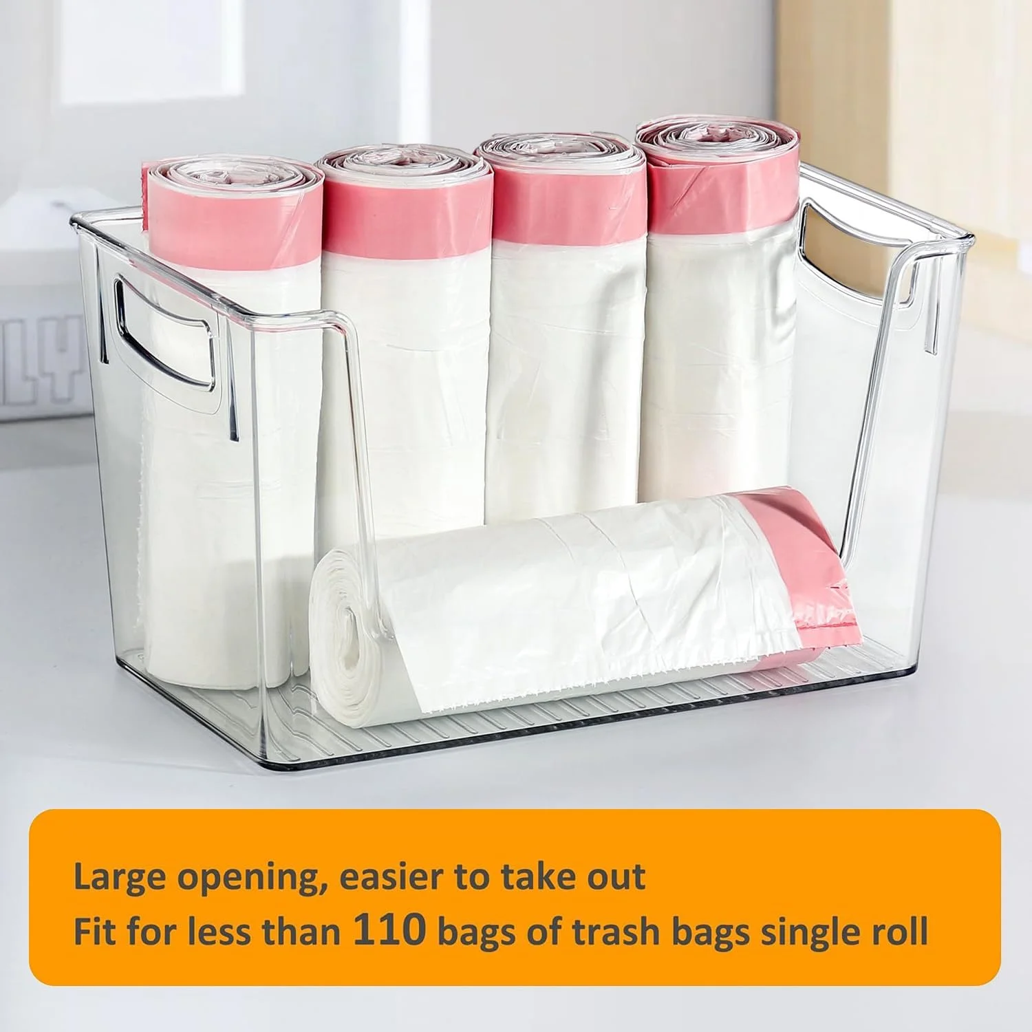 نگهدارنده و پخش کننده کیسه زباله Angju، محفظه بزرگ اکریلیک برای نگهداری کیسه زباله، پخش کننده کیسه زباله پلاستیکی با درب بامبو و دستگیره برای آشپزخانه زیر سینک/رختشورخانه/حمام