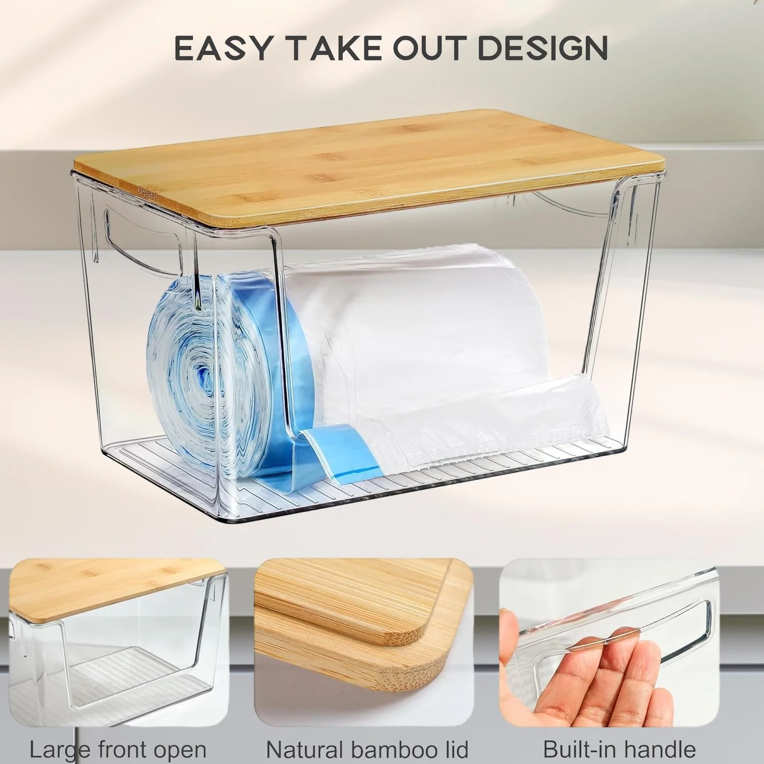 نگهدارنده و پخش کننده کیسه زباله Angju، محفظه بزرگ اکریلیک برای نگهداری کیسه زباله، پخش کننده کیسه زباله پلاستیکی با درب بامبو و دستگیره برای آشپزخانه زیر سینک/رختشورخانه/حمام