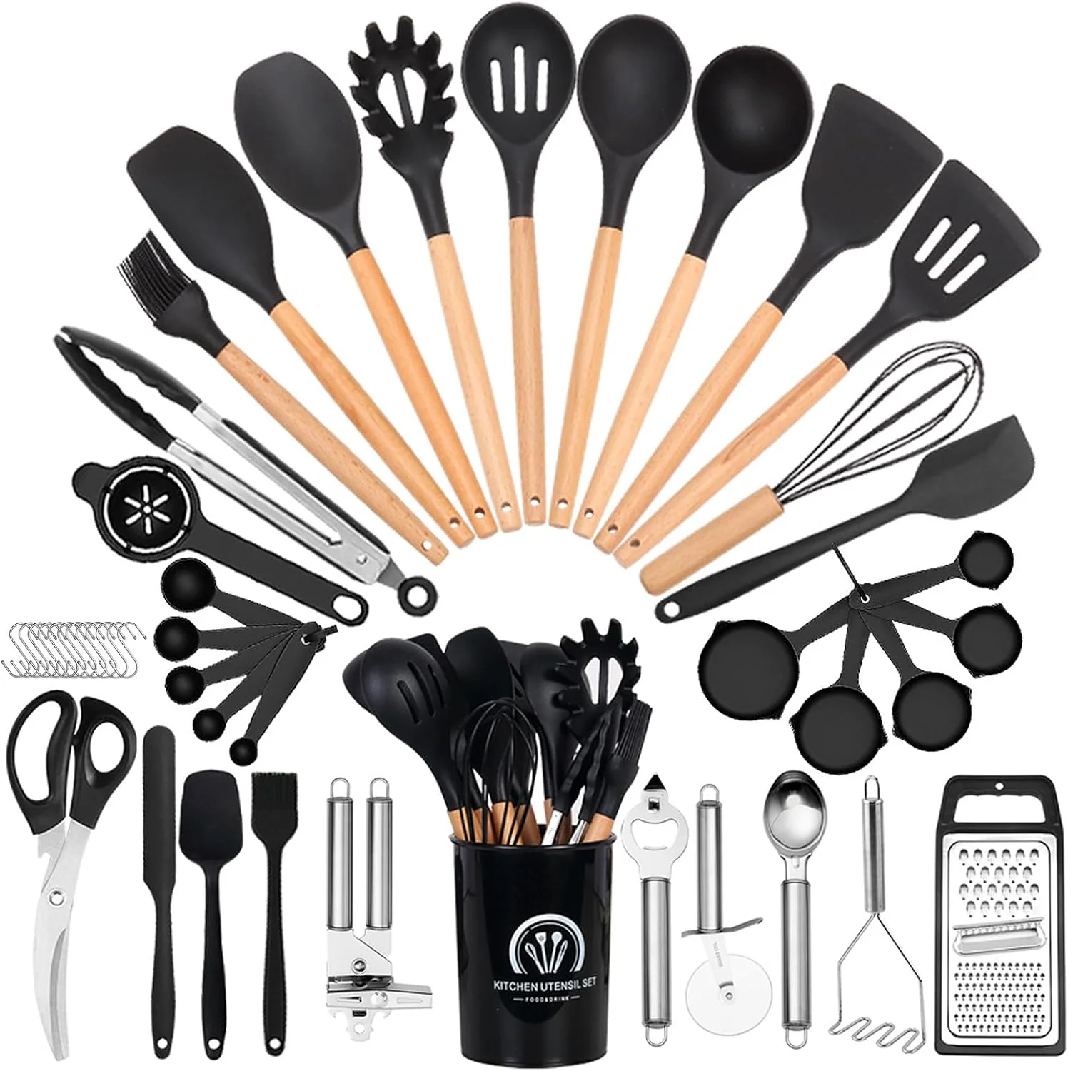 ست لوازم آشپزی آشپزخانه ARCHAEOPTERYX، 46 تکه سیلیکونی نچسب با پایه نگهدارنده، دسته چوبی مقاوم در برابر حرارت (مشکی) ست لوازم آشپزی آشپزخانه ARCHAEOPTERYX، 46 تکه سیلیکونی نچسب با پایه نگهدارنده، دسته چوبی مقاوم در برابر حرارت (مشکی)