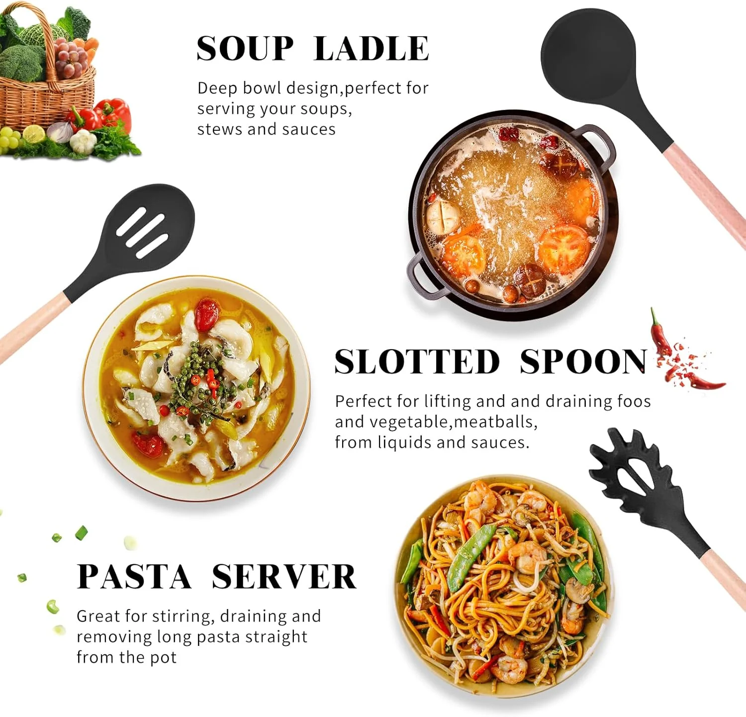 ست لوازم آشپزی آشپزخانه ARCHAEOPTERYX، 46 تکه سیلیکونی نچسب با پایه نگهدارنده، دسته چوبی مقاوم در برابر حرارت (مشکی) ست لوازم آشپزی آشپزخانه ARCHAEOPTERYX، 46 تکه سیلیکونی نچسب با پایه نگهدارنده، دسته چوبی مقاوم در برابر حرارت (مشکی)