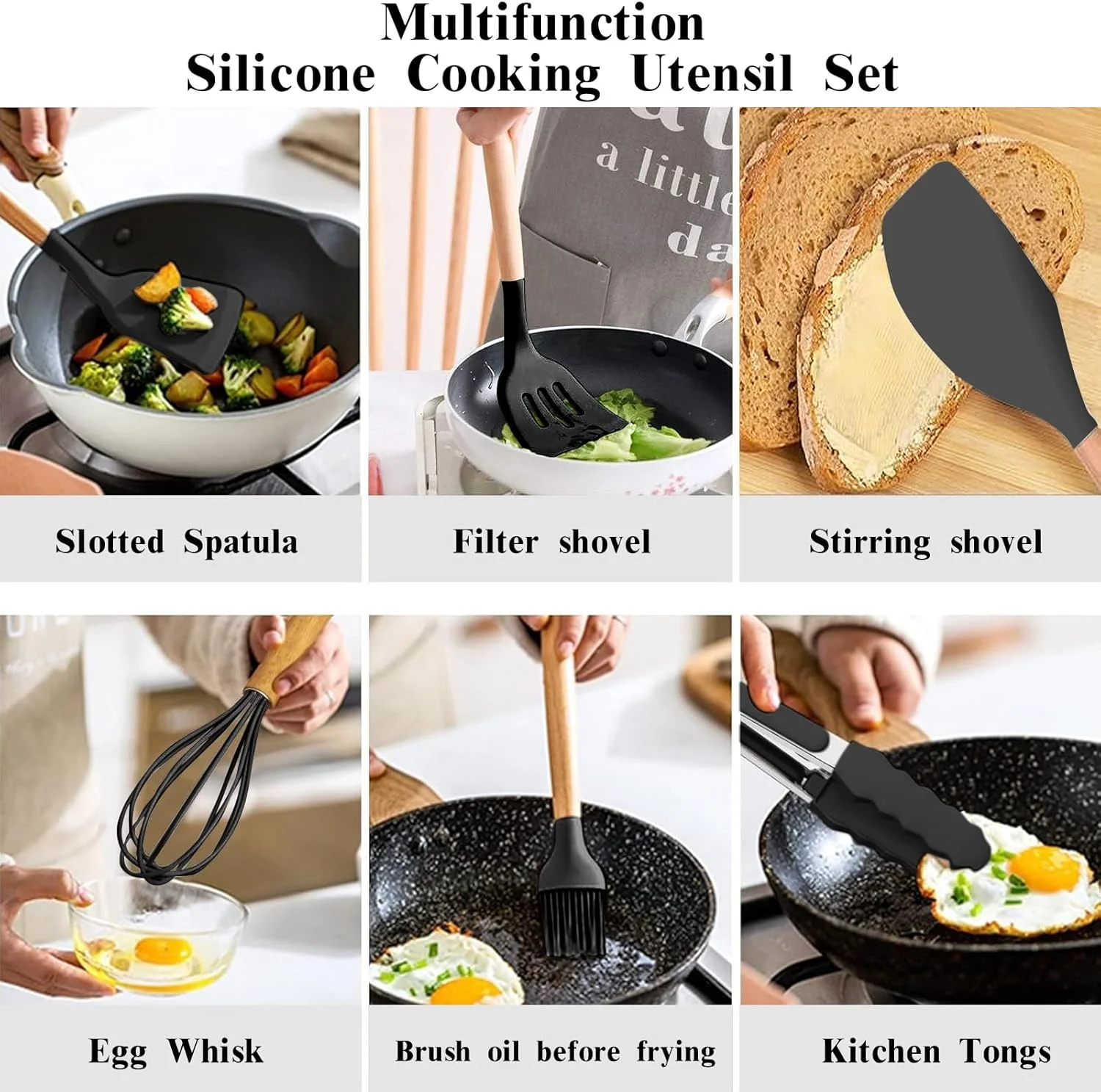 ست لوازم آشپزی آشپزخانه ARCHAEOPTERYX، 46 تکه سیلیکونی نچسب با پایه نگهدارنده، دسته چوبی مقاوم در برابر حرارت (مشکی) ست لوازم آشپزی آشپزخانه ARCHAEOPTERYX، 46 تکه سیلیکونی نچسب با پایه نگهدارنده، دسته چوبی مقاوم در برابر حرارت (مشکی)