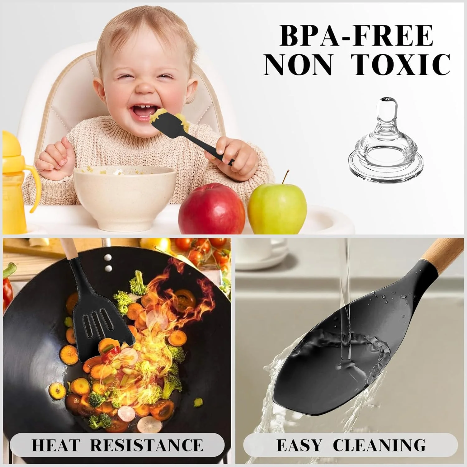 ست لوازم آشپزی آشپزخانه ARCHAEOPTERYX، 46 تکه سیلیکونی نچسب با پایه نگهدارنده، دسته چوبی مقاوم در برابر حرارت (مشکی) ست لوازم آشپزی آشپزخانه ARCHAEOPTERYX، 46 تکه سیلیکونی نچسب با پایه نگهدارنده، دسته چوبی مقاوم در برابر حرارت (مشکی)