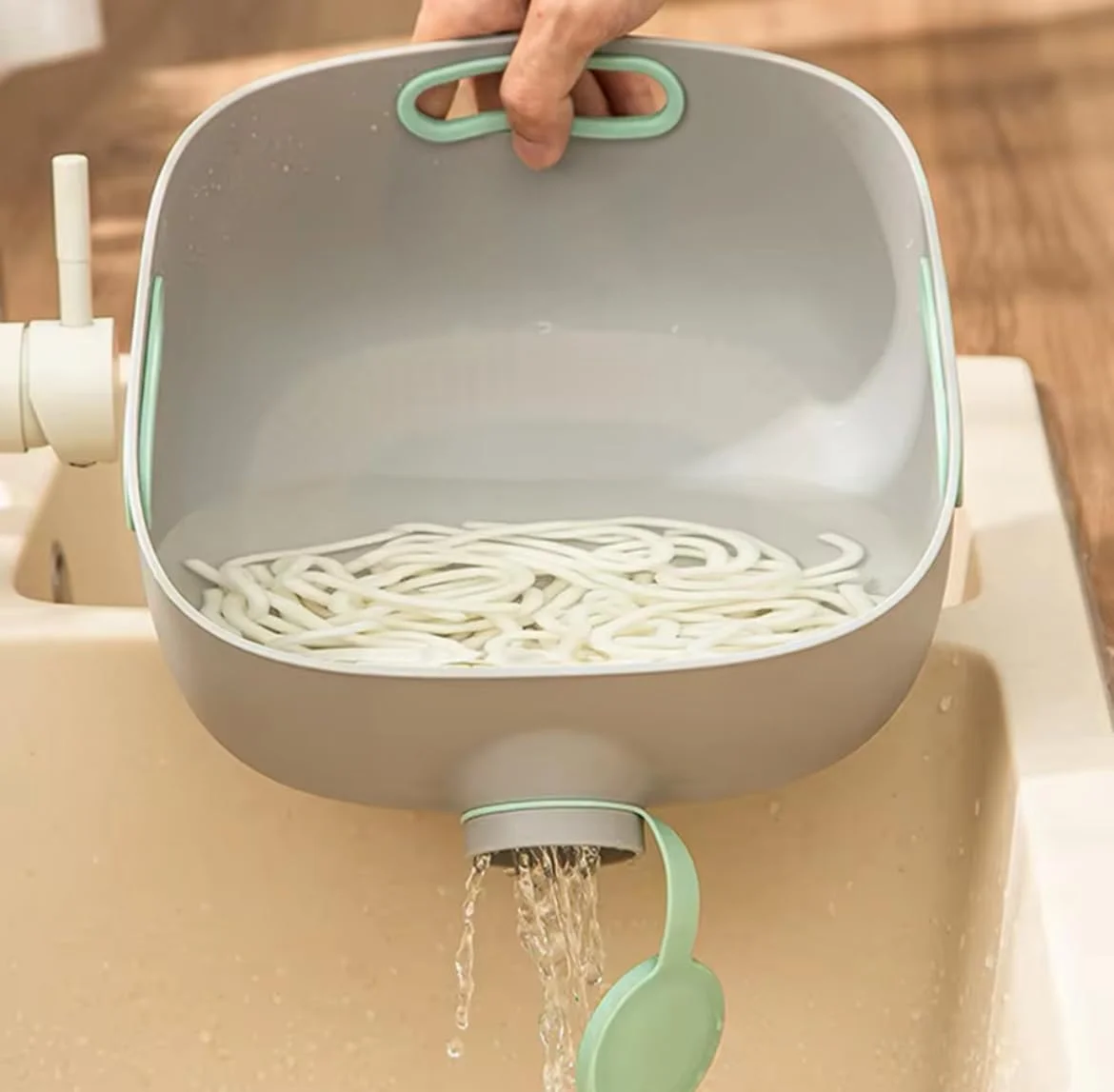 کاسه آبکش سبزیجات مرجانی آبی، سبد شستشوی میوه با سوراخ جانبی، کاسه ضد لغزش چند منظوره با 3 دسته، ابزار آشپزخانه (سبز)