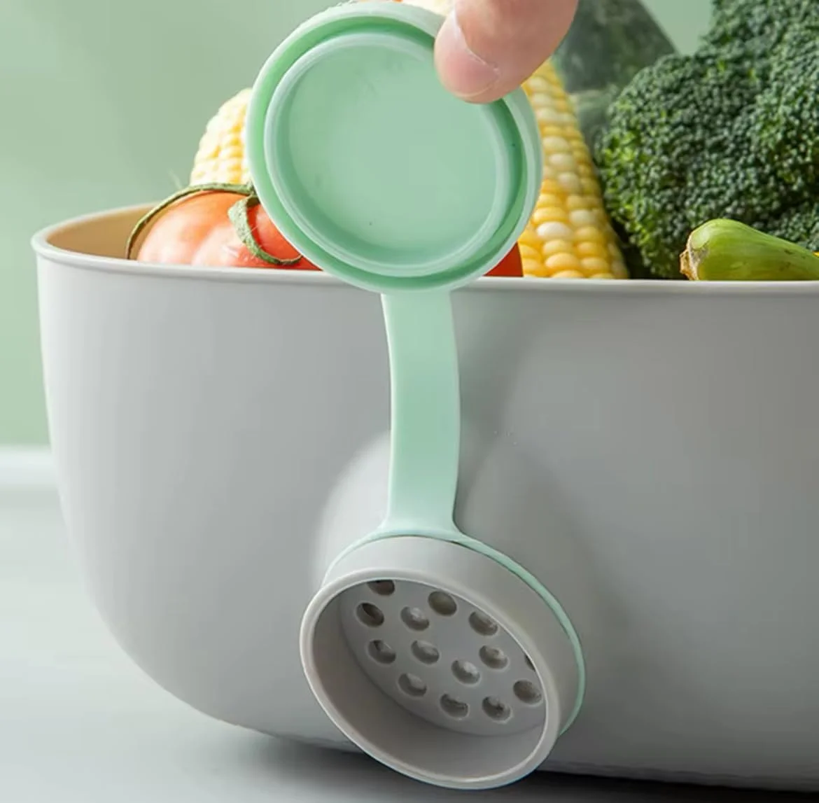 کاسه آبکش سبزیجات مرجانی آبی، سبد شستشوی میوه با سوراخ جانبی، کاسه ضد لغزش چند منظوره با 3 دسته، ابزار آشپزخانه (سبز)