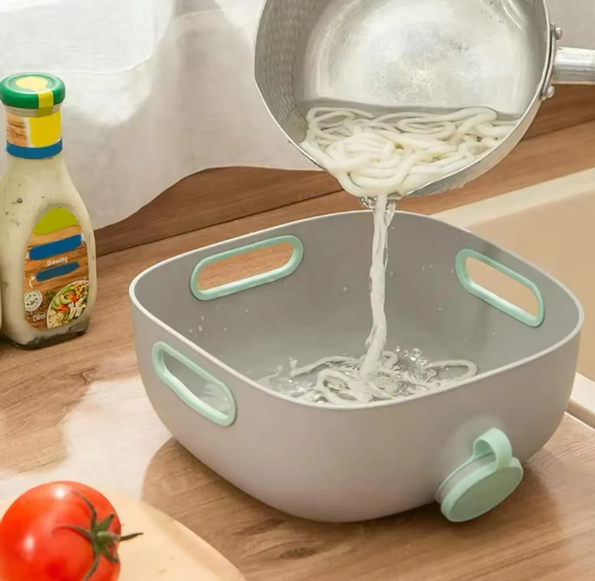 کاسه آبکش سبزیجات مرجانی آبی، سبد شستشوی میوه با سوراخ جانبی، کاسه ضد لغزش چند منظوره با 3 دسته، ابزار آشپزخانه (سبز)