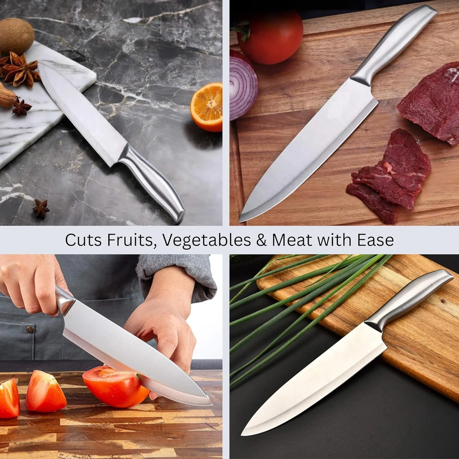 ای سی وی وی® [2 عدد] چاقوی آشپز با دسته استیل - چاقوی تیز آشپزخانه با تیغه استیل ضد زنگ برای برش ماهی | برش گوشت | مناسب برای خانه و رستوران