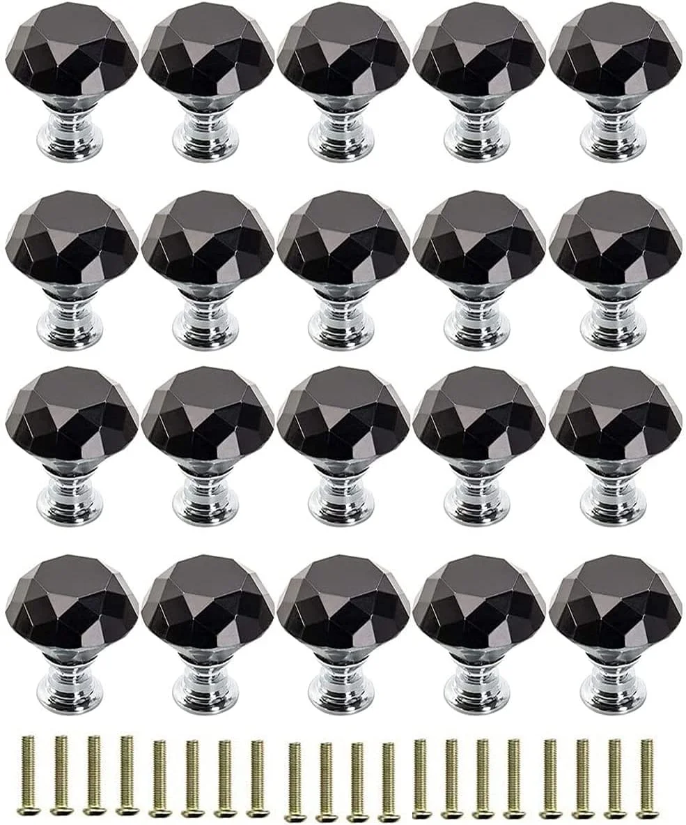 20 عدد دستگیره کشو 30 میلی متری دستگیره درب شیشه ای کریستالی شکل الماس مشکی برای کشو کابینت آشپزخانه کمد لباس