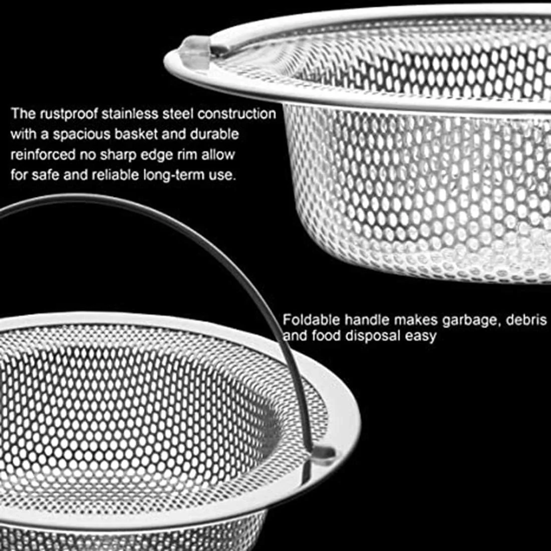 دلفینو، بسته 2 عددی - صافی سینک ظرفشویی استیل با سبد بزرگ 4.5 اینچی و دسته. جریان سریع و سوراخ های موثر 2/16 اینچی