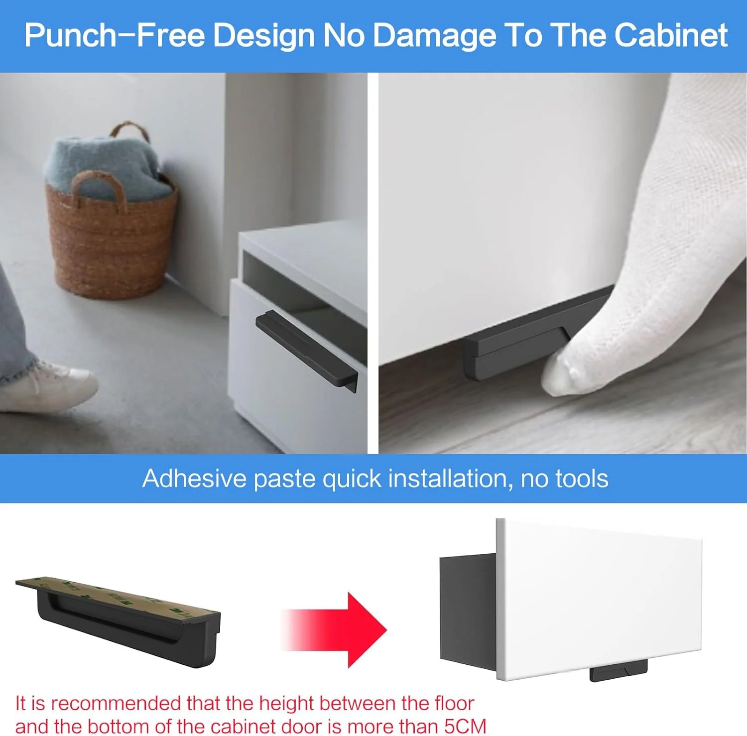 دستگیره کابینت چسبی EWEIS بسته 2 عددی، کشنده پایی برای کشوی کابینت زباله، کشنده کابینت بدون دست برای آشپزخانه و حمام، کشنده پایی کابینت 4.72 اینچی برای کشو برای استفاده در خانه و محل کار (مشکی مات)