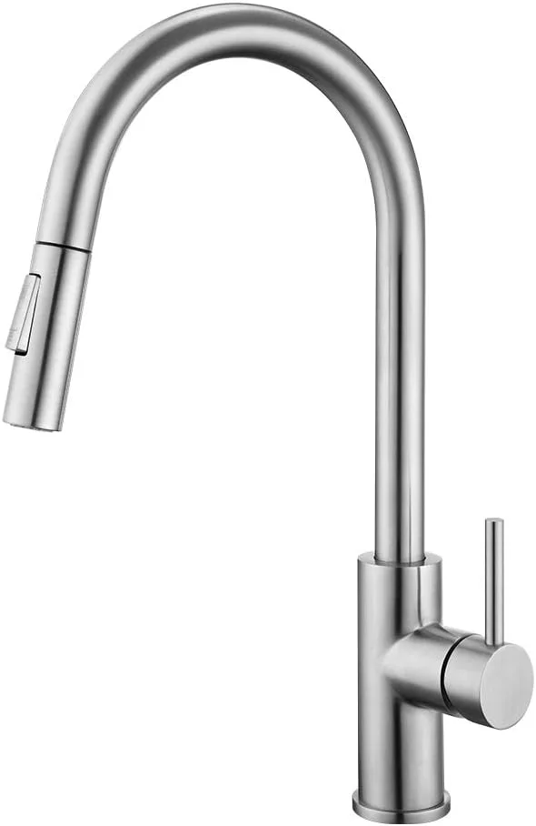 شیر آشپزخانه اهرمی با شلنگ پول داون، نیکل مات، شیر سینک آشپزخانه تک دسته استیل