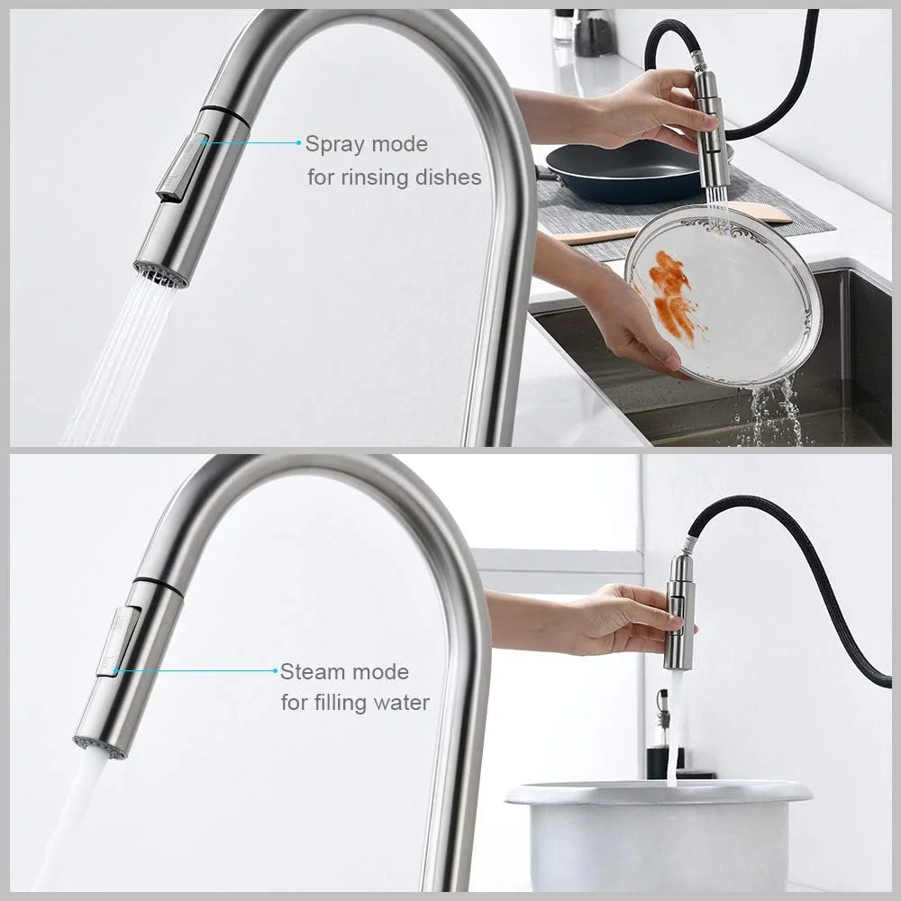 شیر آشپزخانه اهرمی با شلنگ پول داون، نیکل مات، شیر سینک آشپزخانه تک دسته استیل شیر آشپزخانه اهرمی با شلنگ پول داون، نیکل مات، شیر سینک آشپزخانه تک دسته استیل