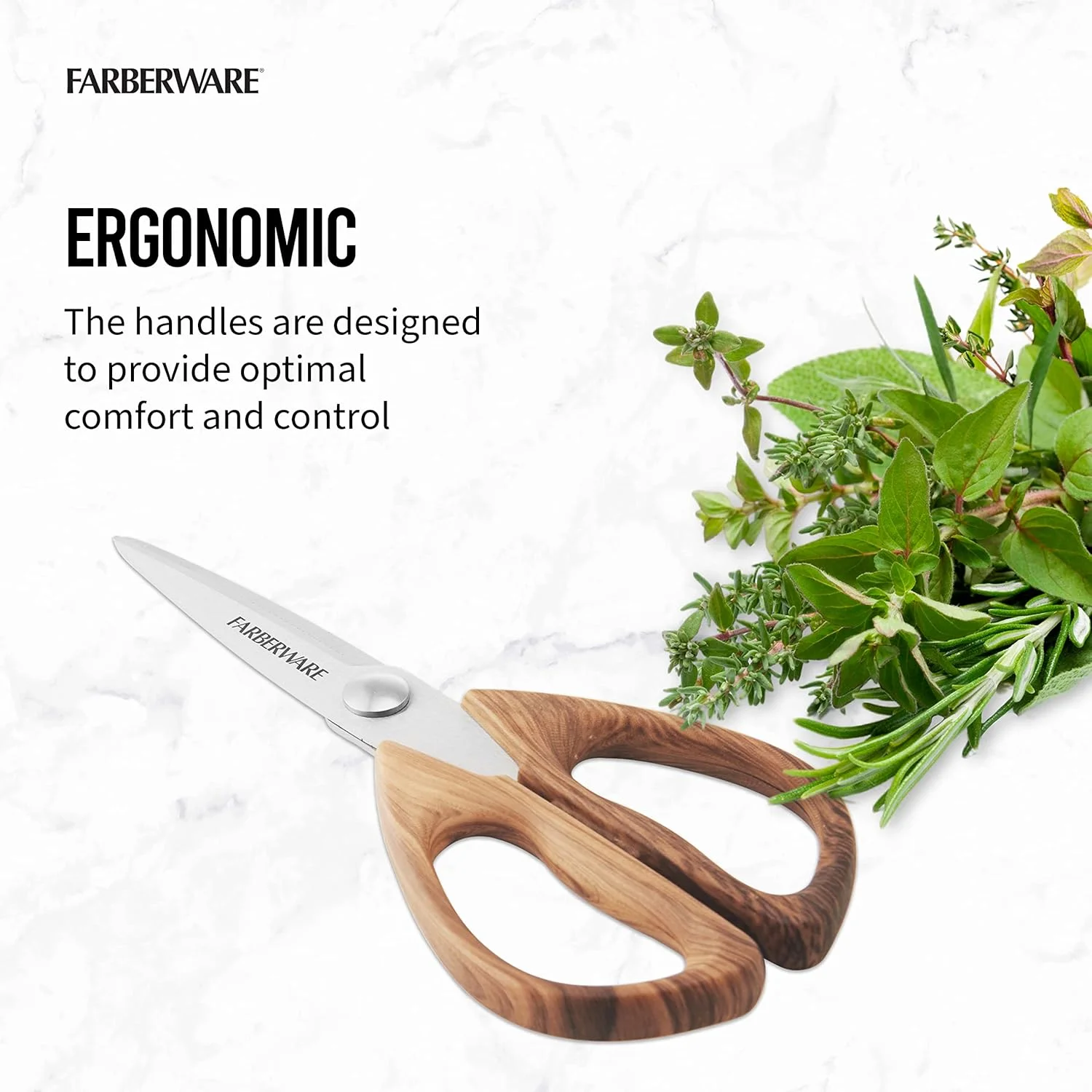 قیچی آشپزخانه استیل ضد زنگ با روکش رزین و دسته طرح چوب گردو Farberware مدل 5221282