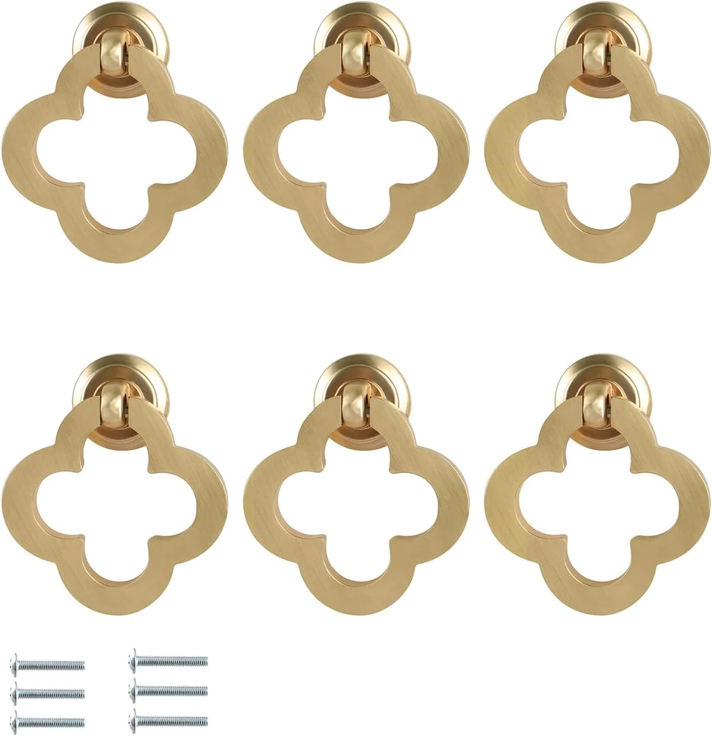 دستگیره کابینت طلایی GEPAS، بسته 6 عددی، دستگیره حلقه ای برنجی برس خورده آلیاژ روی، سخت افزار مبلمان برای کشوهای کمد آشپزخانه، نصب آسان (مدل 2)