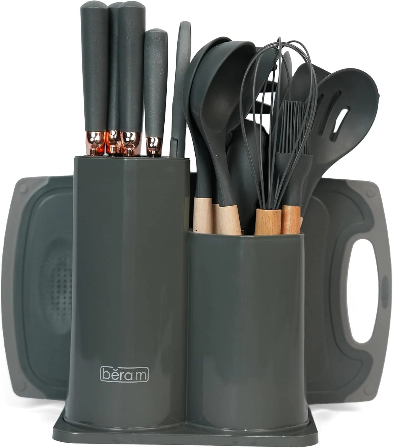 ست 19 تکه ابزار آشپزی برام شامل انبر، قاشق، کفگیر و برگردان از جنس سیلیکون مقاوم در برابر حرارت با دسته های چوبی، ست چاقوهای آشپزخانه نچسب و ابزار خاکستری