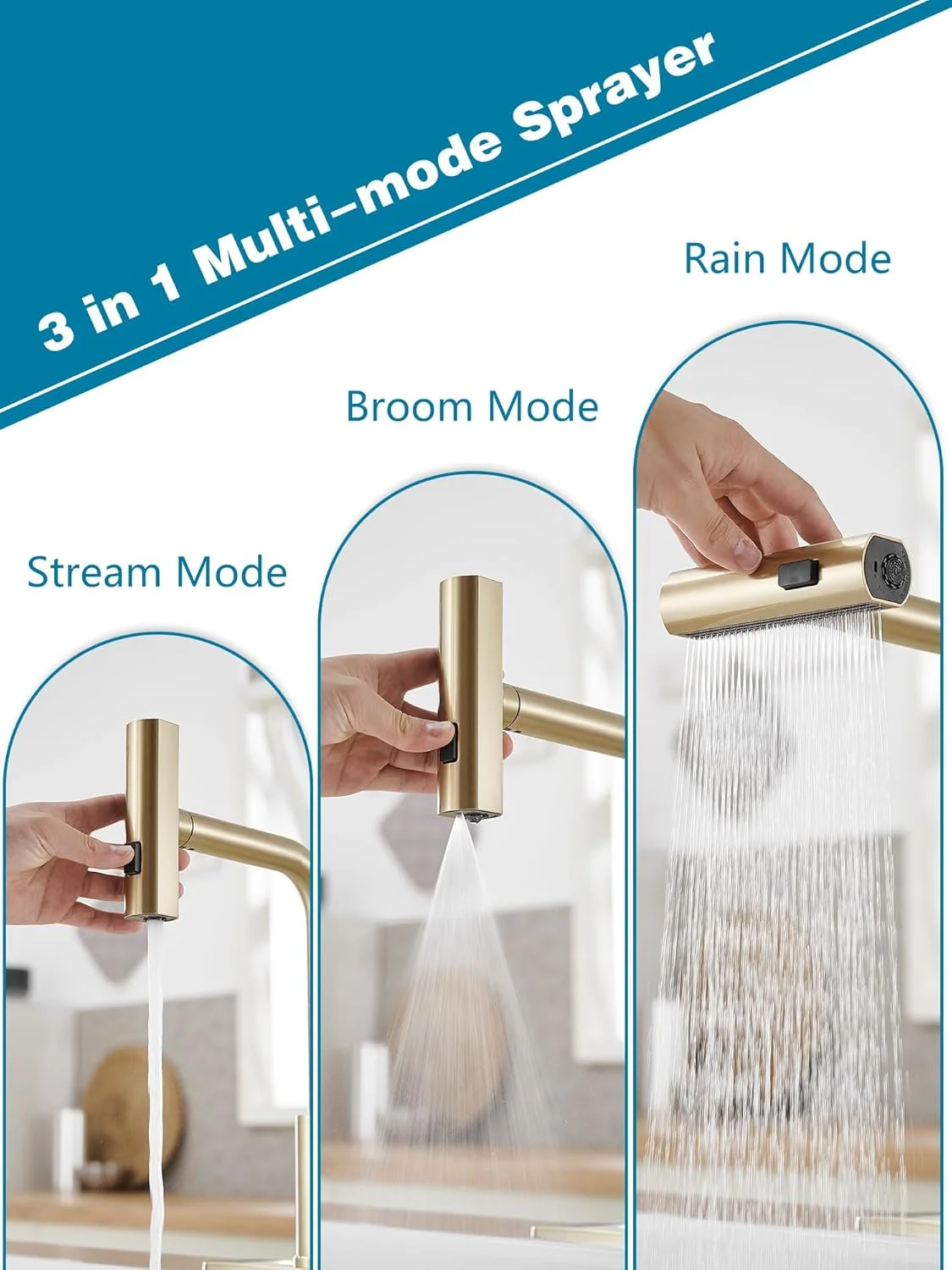 شیرآلات طلایی آشپزخانه با اسپری کشویی، شیر آب سینک آشپزخانه آبشاری، شیرآلات آشپزخانه استیل ضد زنگ تجاری، شیر آب سینک آشپزخانه تک دسته با اسپری کشویی برای 3 عملکرد