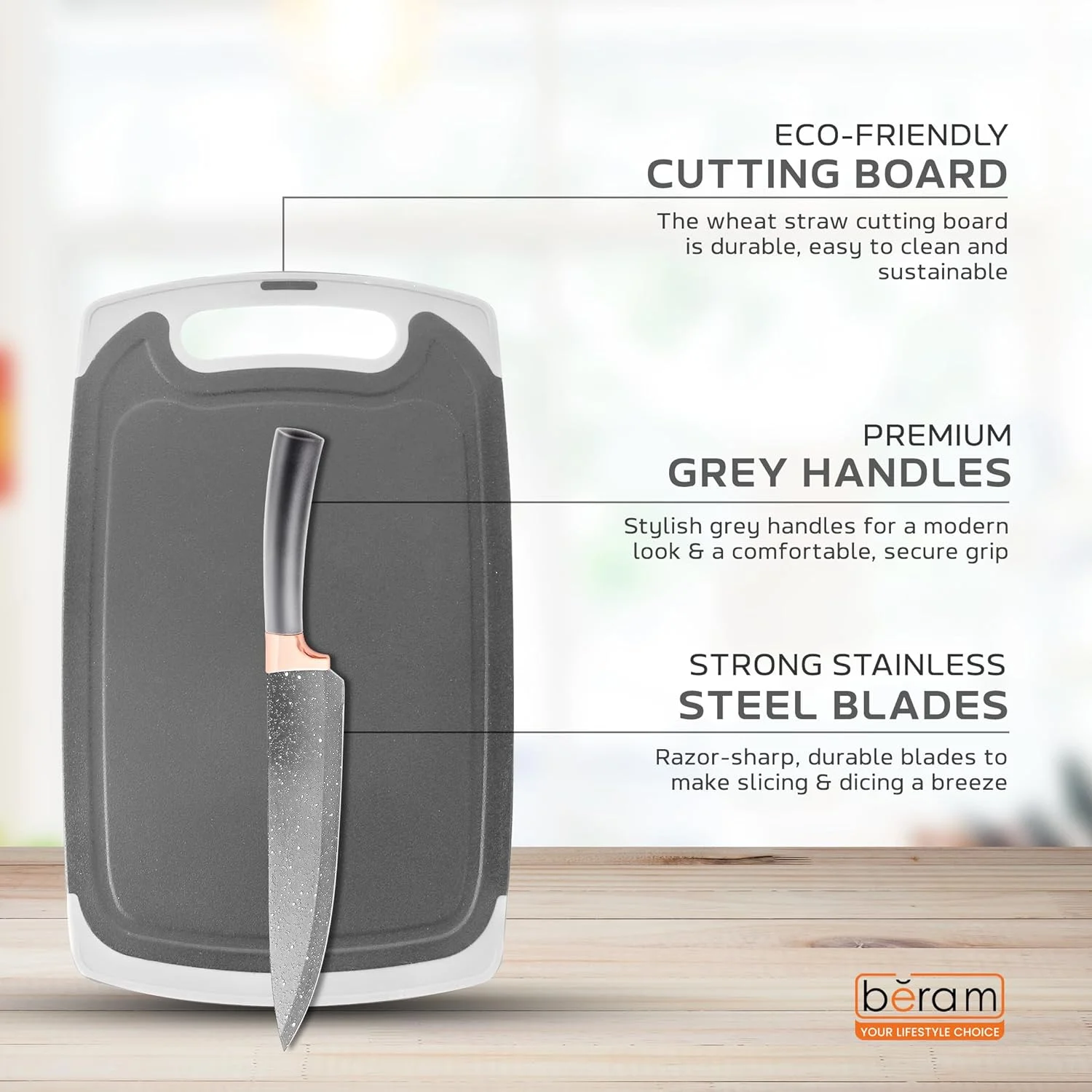 ست 19 تکه ابزار آشپزی برام شامل انبر، قاشق، کفگیر و برگردان از جنس سیلیکون مقاوم در برابر حرارت با دسته های چوبی، ست چاقوهای آشپزخانه نچسب و ابزار خاکستری