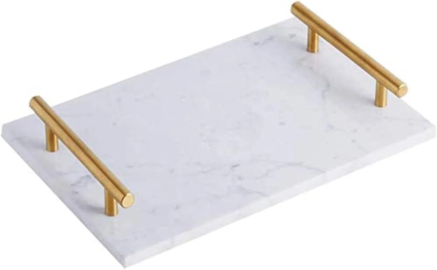 سینی مستطیلی مرمر طبیعی با دسته‌های فلزی طلایی برای آشپزخانه، حمام و کافی شاپ، 30x20 سانتی متر
