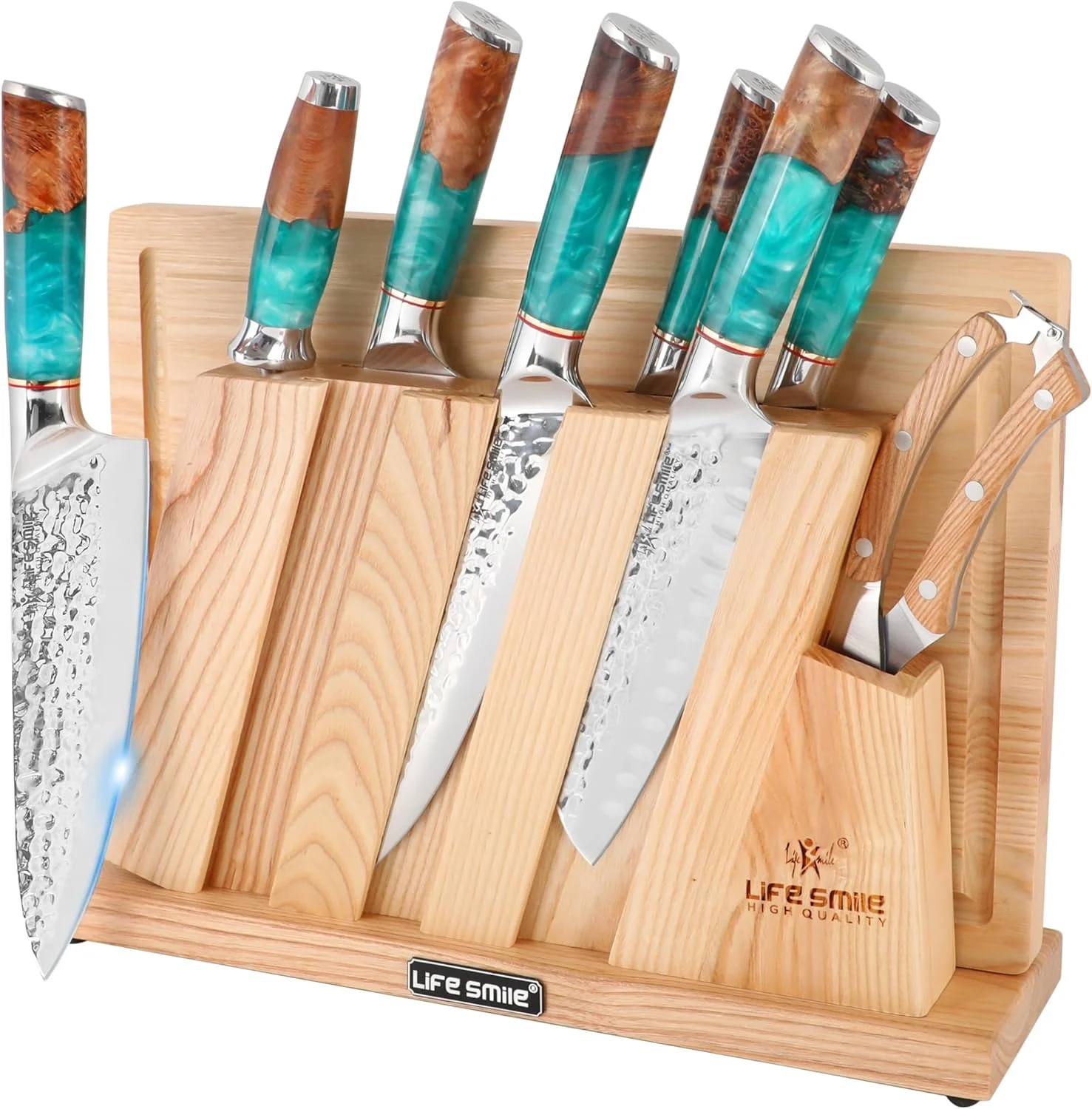 ست چاقوی آشپزخانه LIFE SMILE با استند چوبی - 10 تکه فولاد ضد زنگ کربن بالا با تیزکن - دسته رزین آبی ثابت ضد لغزش ارگونومیک، تیغه فوق العاده تیز نچسب، ست آشپزخانه