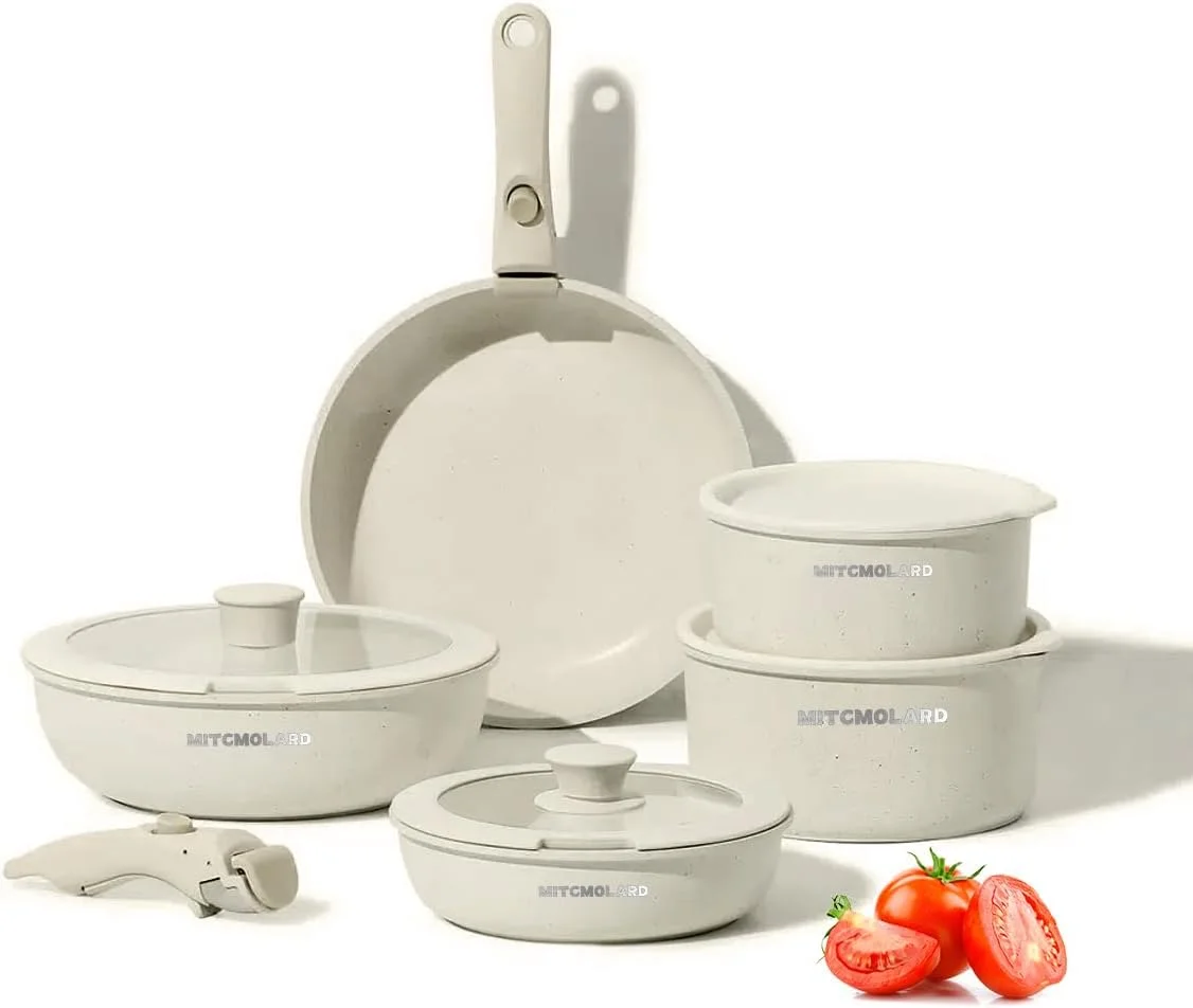 ست ظروف گرانیتی، ست پخت و پز، ۱۱ پارچه با دسته جداشدنی مناسب اجاق القایی، ست ظروف آشپزخانه نچسب، فاقد PFOA، ارگانیک و غیر سمی