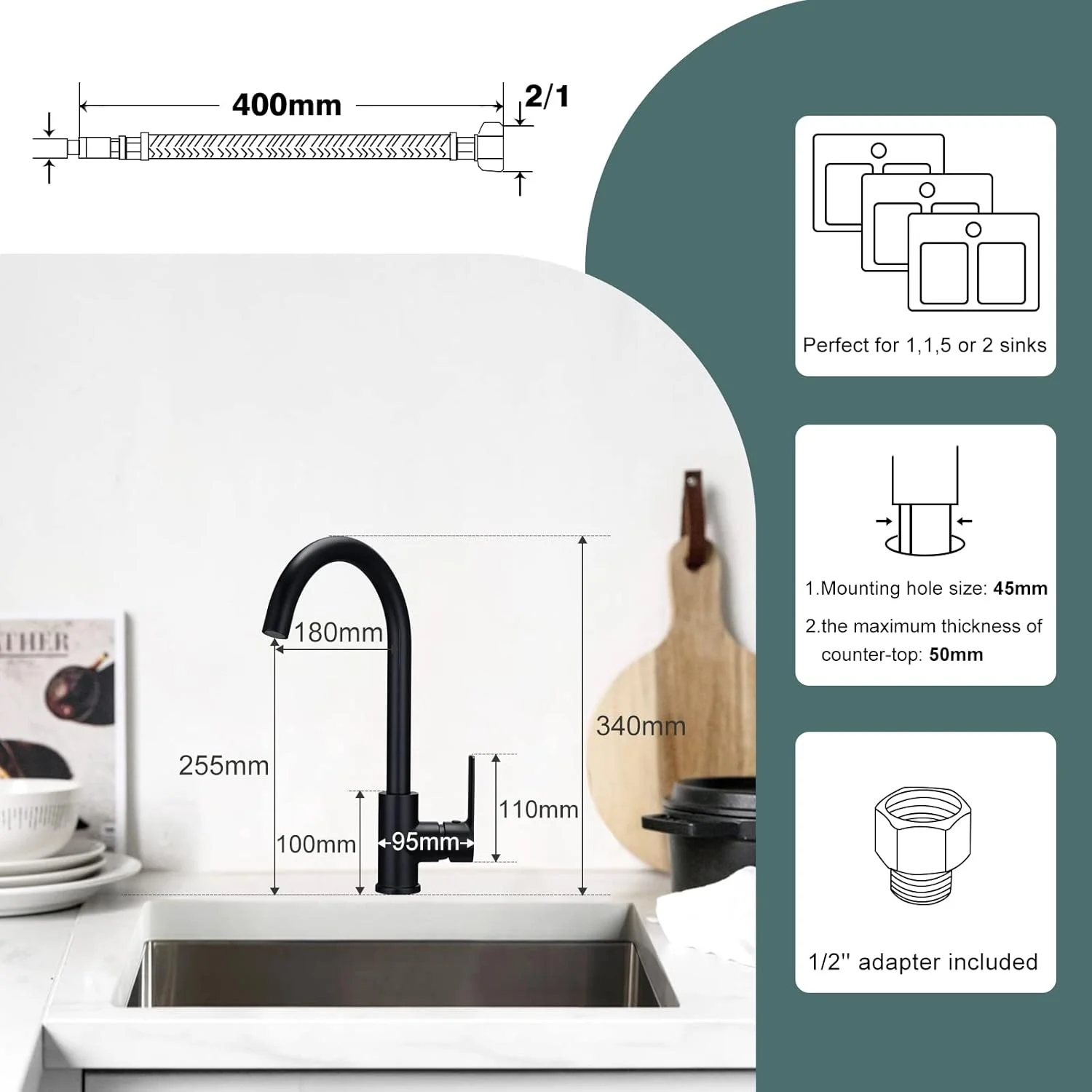 شیرآلات آشپزخانه مشکی Mighbow، شیر سینک آشپزخانه تک اهرمی، شیر مخلوط BauEdge با دسته تخت، شیر آشپزخانه مشکی مات با چرخش 360 درجه و هواساز شیرآلات آشپزخانه مشکی Mighbow، شیر سینک آشپزخانه تک اهرمی، شیر مخلوط BauEdge با دسته تخت، شیر آشپزخانه مشکی مات با چرخش 360 درجه و هواساز