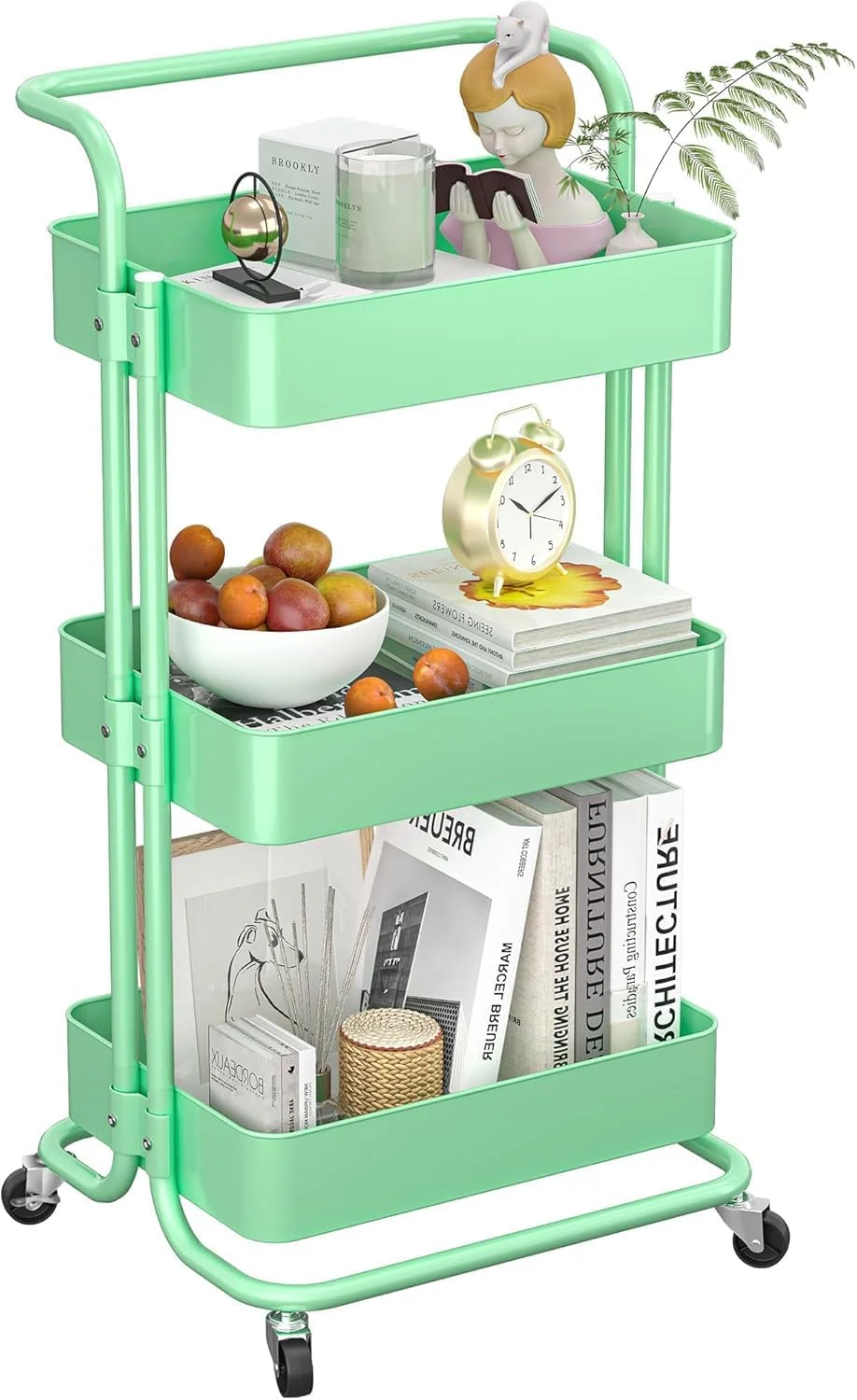 چرخ دستی سه طبقه چند منظوره با قفسه های ذخیره سازی و دسته و چرخ های قفل شونده، مونتاژ آسان برای آشپزخانه، حمام، دفتر، اتاق خواب (سبز A)