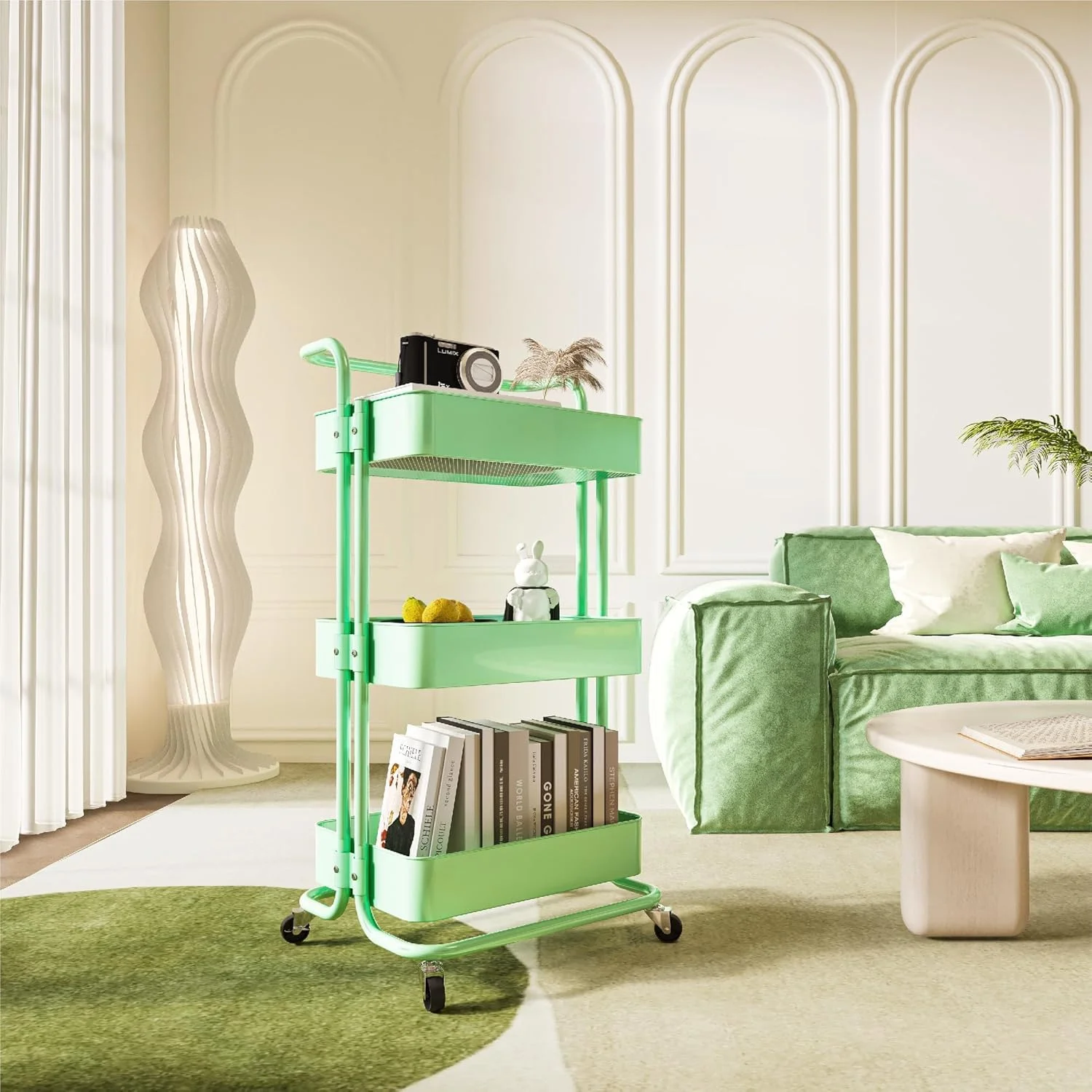 چرخ دستی سه طبقه چند منظوره Peng General با دسته و چرخ های قفل شونده، مونتاژ آسان برای آشپزخانه، حمام، دفتر، اتاق خواب (سبز A)