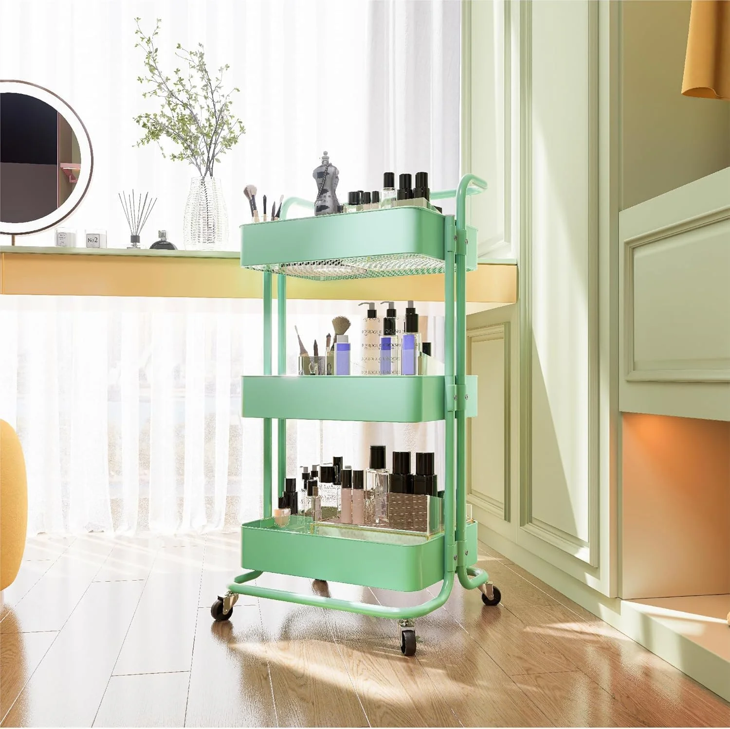 چرخ دستی سه طبقه چند منظوره Peng General با دسته و چرخ های قفل شونده، مونتاژ آسان برای آشپزخانه، حمام، دفتر، اتاق خواب (سبز A)