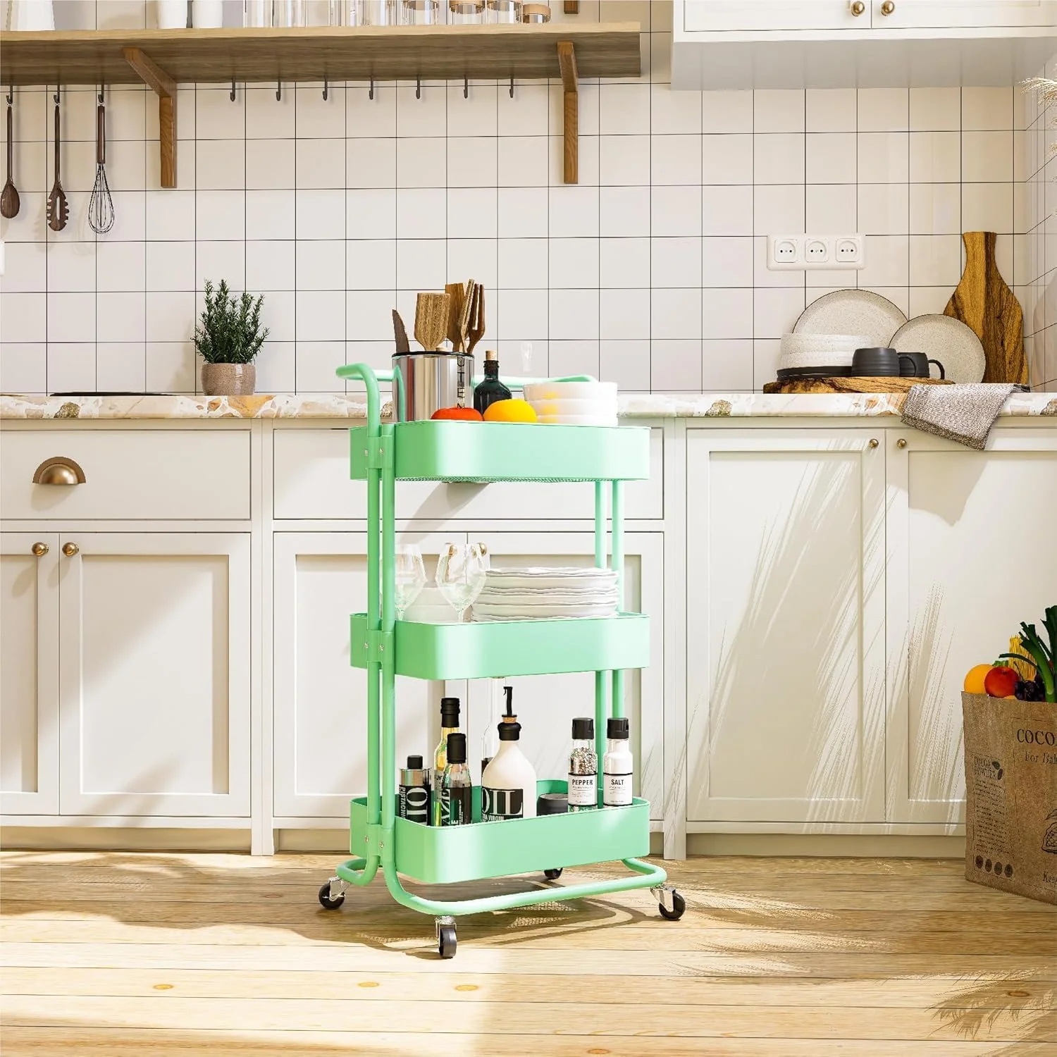 چرخ دستی سه طبقه چند منظوره با قفسه های ذخیره سازی و دسته و چرخ های قفل شونده، مونتاژ آسان برای آشپزخانه، حمام، دفتر، اتاق خواب (سبز A) چرخ دستی سه طبقه چند منظوره با قفسه های ذخیره سازی و دسته و چرخ های قفل شونده، مونتاژ آسان برای آشپزخانه، حمام، دفتر، اتاق خواب (سبز A)