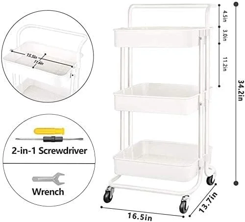 ترولی چرخدار 3 طبقه با دسته، سبد توری و چرخ های ترمزدار، مناسب برای آشپزخانه و نظم دهی چند منظوره (سفید) ترولی چرخدار 3 طبقه با دسته، سبد توری و چرخ های ترمزدار، مناسب برای آشپزخانه و نظم دهی چند منظوره (سفید)