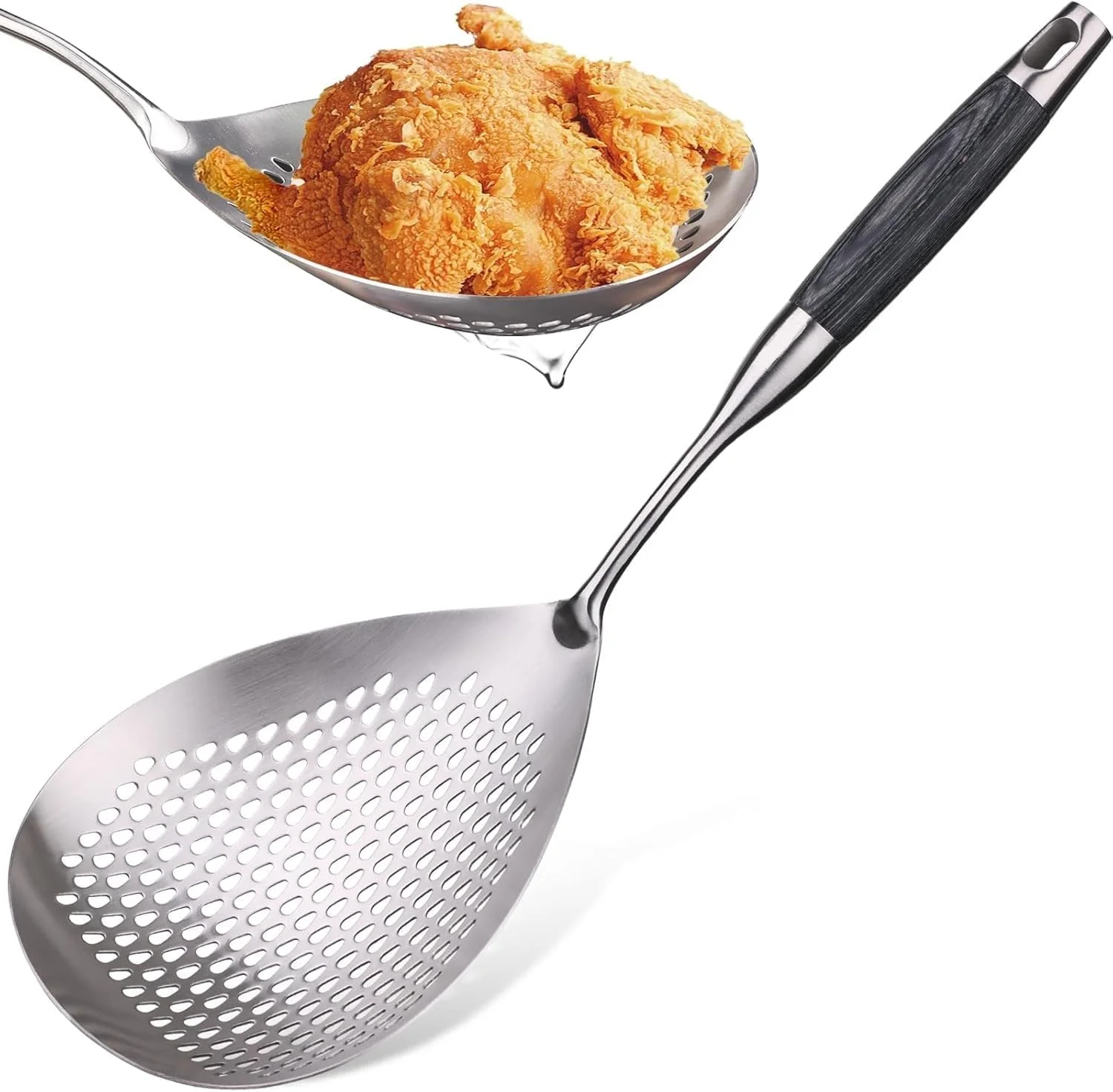کفگیر سوراخ دار استیل صافی پاستا ملاقه کفگیر برای پخت و پز و سرخ کردن - قاشق صافی آبکش فلزی بزرگ آشپزخانه با دسته چوبی مشکی (نقره ای، 41 * 13 * 3 سانتی متر)