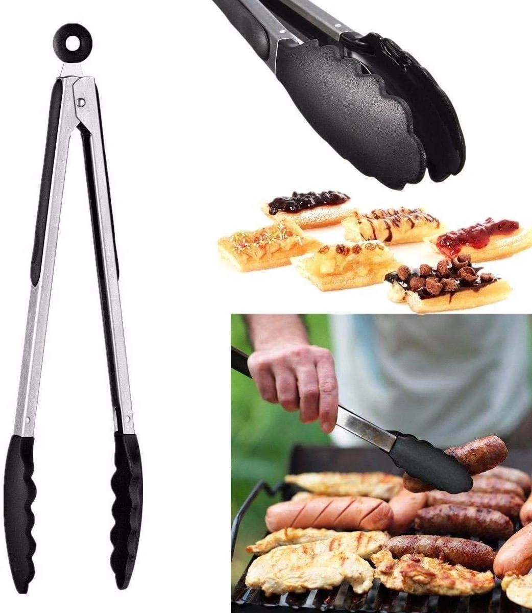 انبر آشپزی آشپزخانه با دسته استیل ضد زنگ سیلیکونی، مناسب سالاد و باربیکیو - مشکی