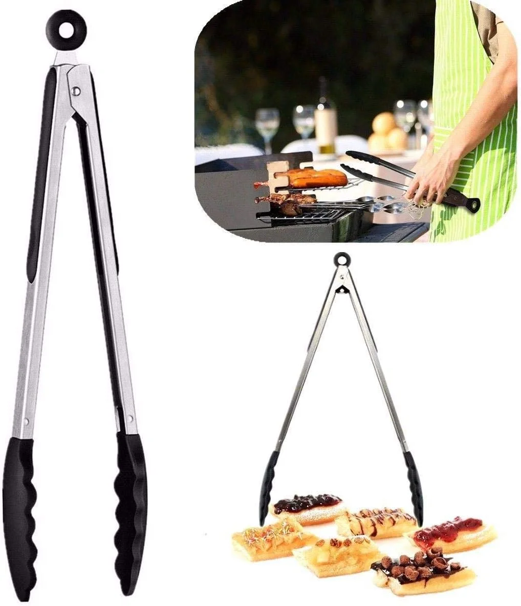 انبر آشپزی آشپزخانه دسته استیل سیلیکونی برای سالاد و باربیکیو - مشکی انبر آشپزی آشپزخانه دسته استیل سیلیکونی برای سالاد و باربیکیو - مشکی