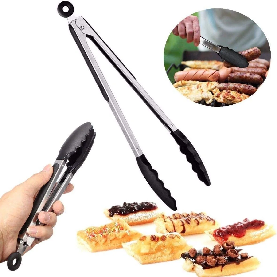 انبر آشپزی آشپزخانه با دسته استیل ضد زنگ سیلیکونی، مناسب سالاد و باربیکیو - مشکی