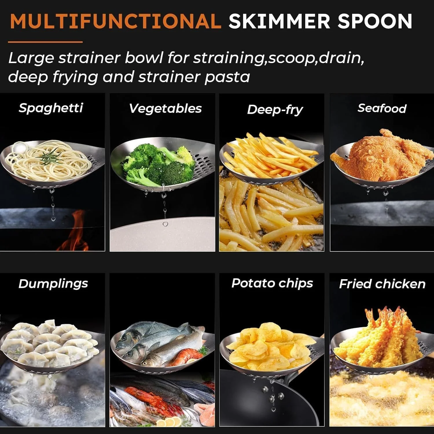 کفگیر سوراخ دار استیل صافی پاستا ملاقه کفگیر برای پخت و پز و سرخ کردن - قاشق صافی آبکش فلزی بزرگ آشپزخانه با دسته چوبی مشکی (نقره ای، 41 * 13 * 3 سانتی متر)