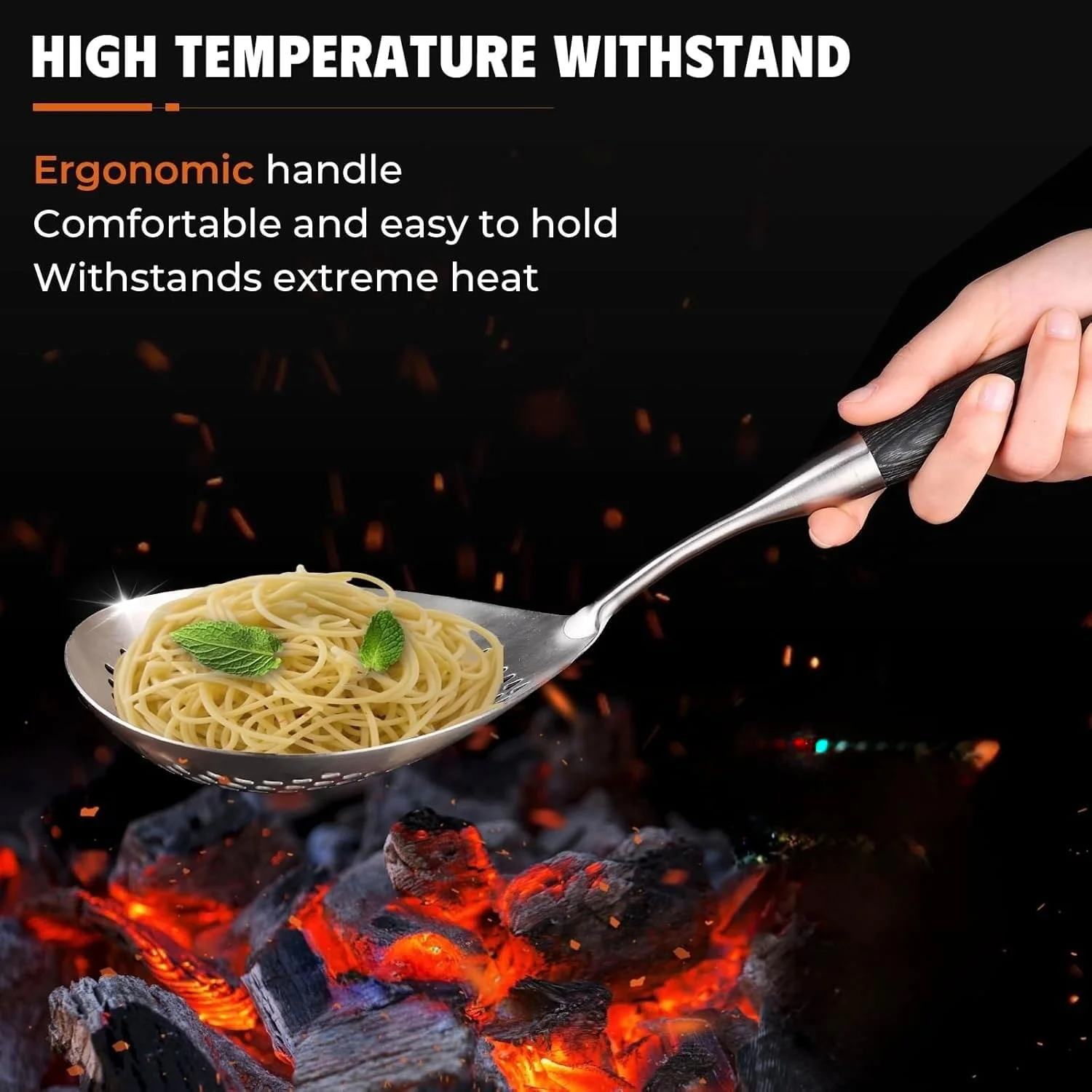 کفگیر سوراخ دار استیل صافی پاستا ملاقه کفگیر برای پخت و پز و سرخ کردن - قاشق صافی آبکش فلزی بزرگ آشپزخانه با دسته چوبی مشکی (نقره ای، 41 * 13 * 3 سانتی متر)