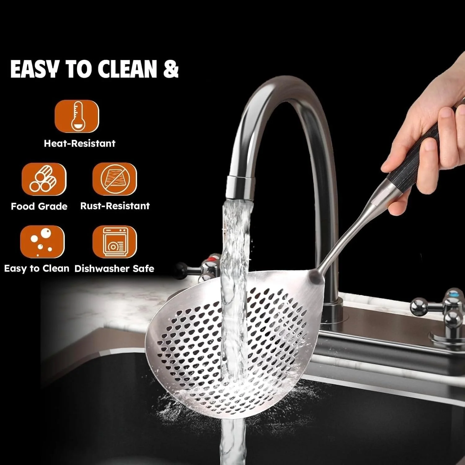 کفگیر سوراخ دار استیل صافی پاستا ملاقه کفگیر برای پخت و پز و سرخ کردن - قاشق صافی آبکش فلزی بزرگ آشپزخانه با دسته چوبی مشکی (نقره ای، 41 * 13 * 3 سانتی متر)