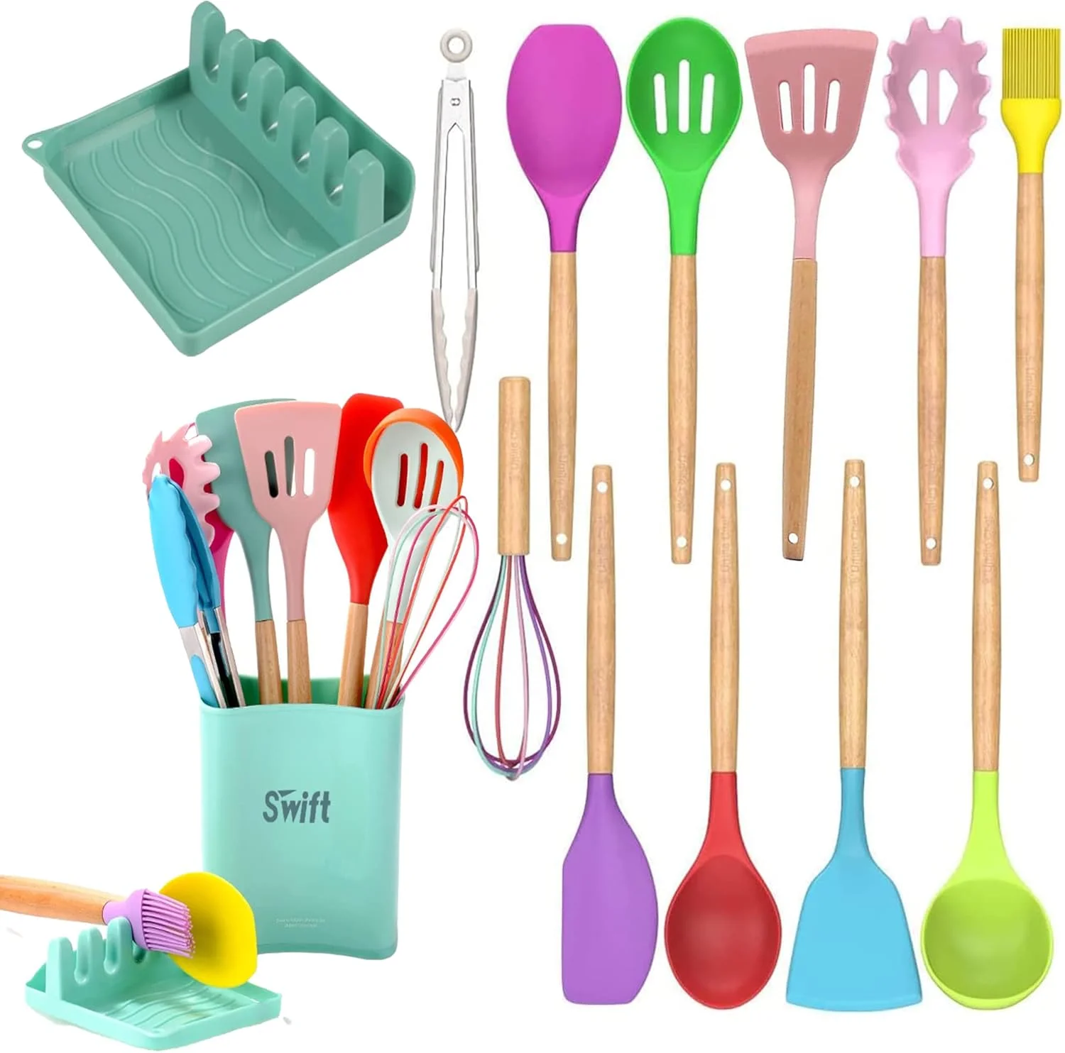 ست لوازم آشپزی سیلیکونی Swift، ۱۳ تکه کاردک آشپزی نچسب مقاوم در برابر حرارت، ست ظروف آشپزی سیلیکونی، ابزار آشپزی دسته چوبی با سطل - (چند رنگ)